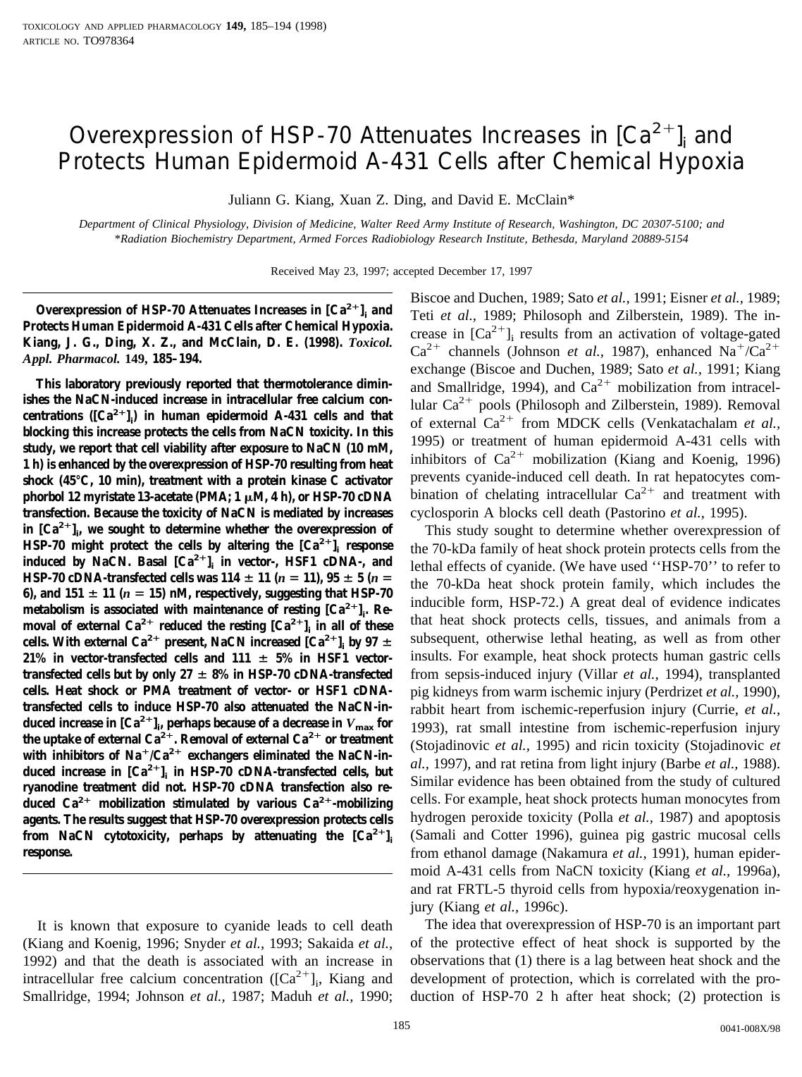 Overexpression of HSP-70 Attenuates Increases in &lsqb;Ca2+&rsqb;i and Protects Human Epidermoid A-431 Cells after Chemical Hypoxia by Kiang J. G. et al