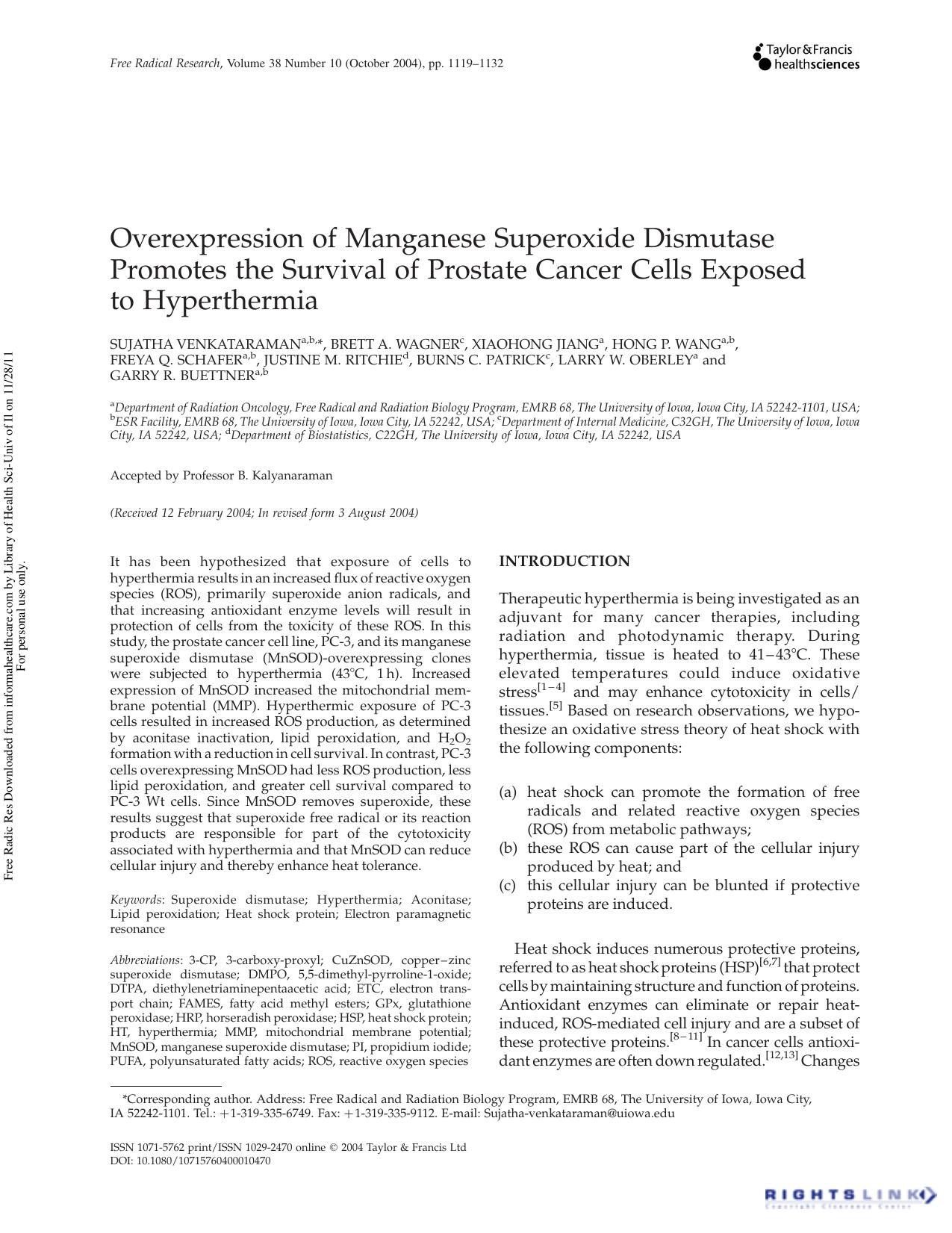 Overexpression of Manganese Superoxide Dismutase Promotes the Survival of Prostate Cancer Cells Exposed to Hyperthermia by unknow
