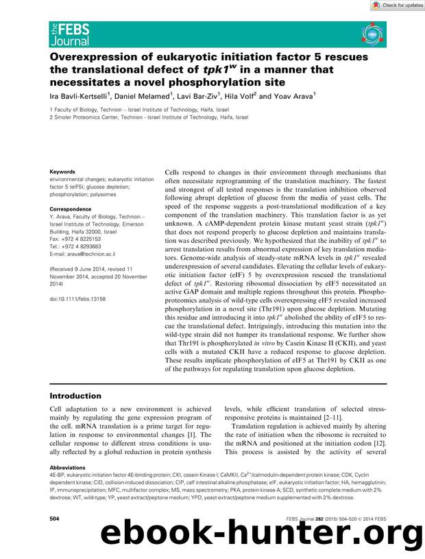 Overexpression of eukaryotic initiation factor 5 rescues the translational defect of tpk1w in a manner that necessitates a novel phosphorylation site by Unknown