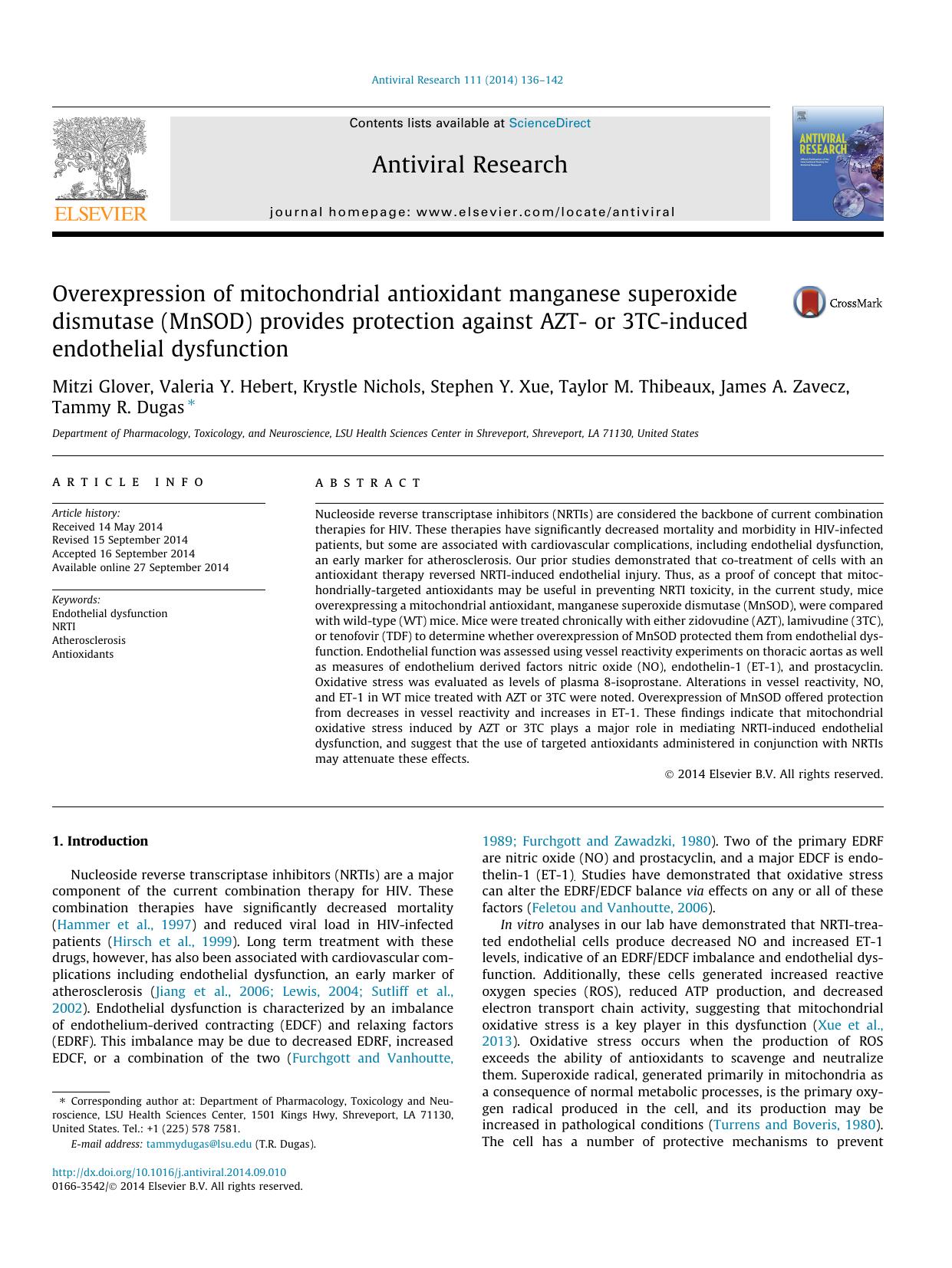 Overexpression of mitochondrial antioxidant manganese superoxide dismutase (MnSOD) provides protection against AZT- or 3TC-induced endothelial dysfunction by unknow