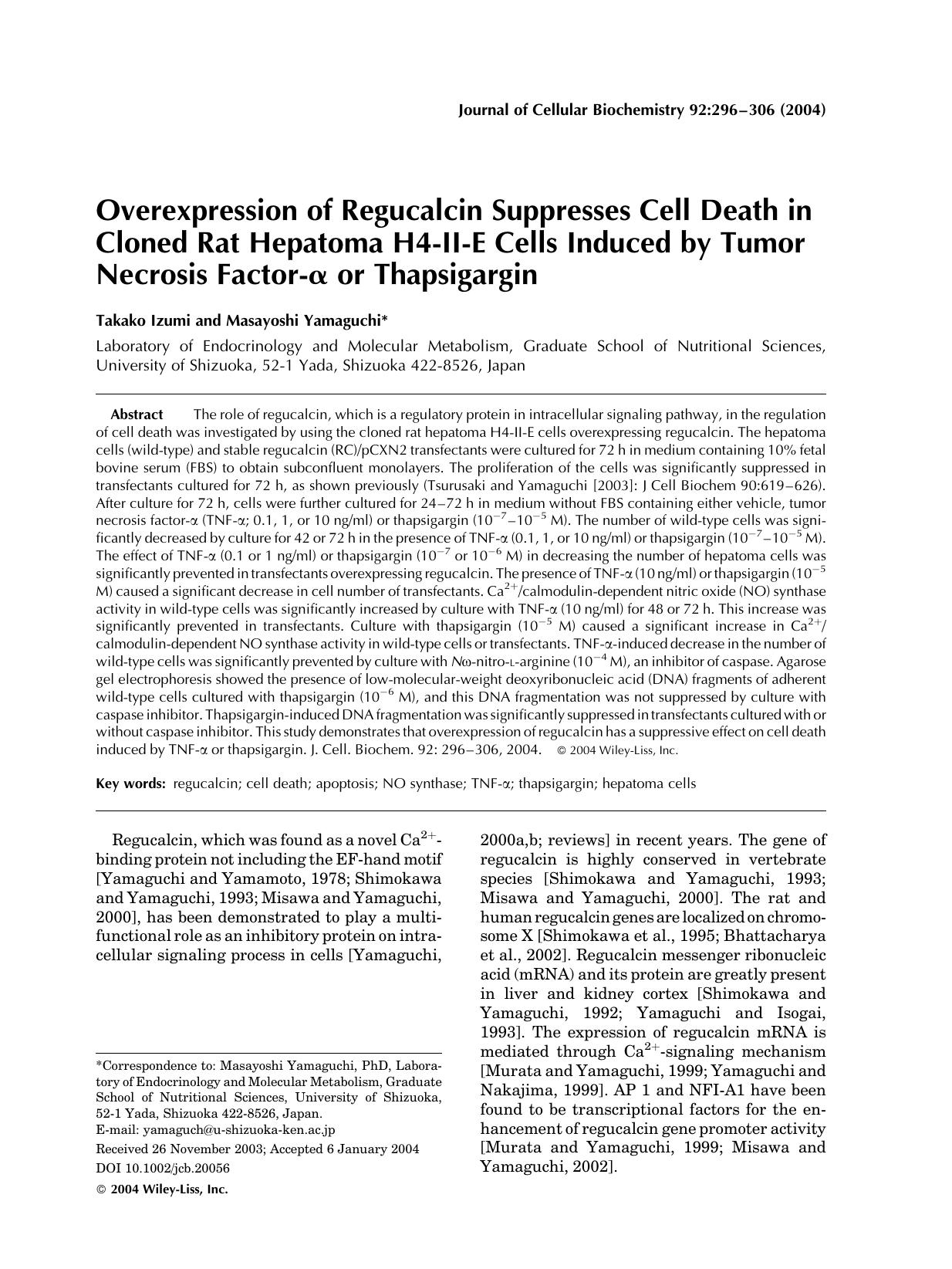 Overexpression of regucalcin suppresses cell death in cloned rat hepatoma H4-II-E cells induced by tumor necrosis factor-[alpha] or thapsigargin by Unknown