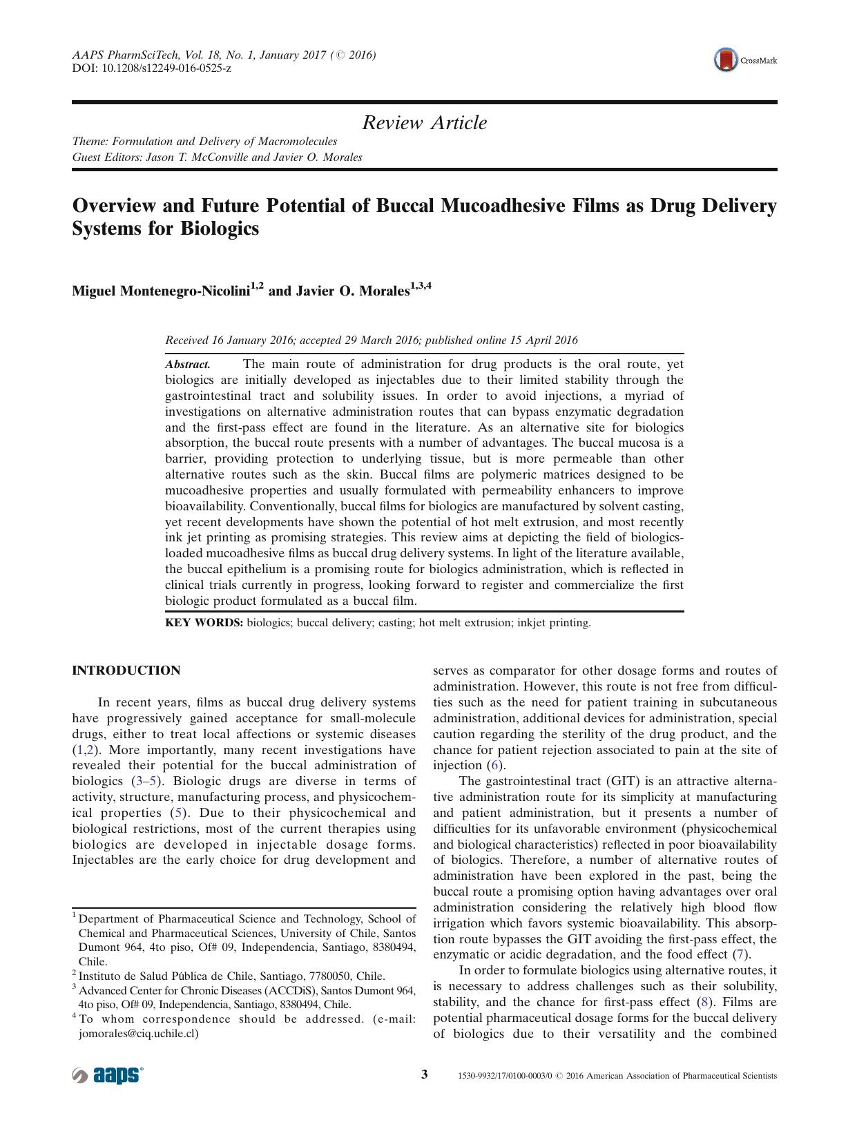 Overview and Future Potential of Buccal Mucoadhesive Films as Drug Delivery Systems for Biologics by Miguel Montenegro-Nicolini & Javier O. Morales