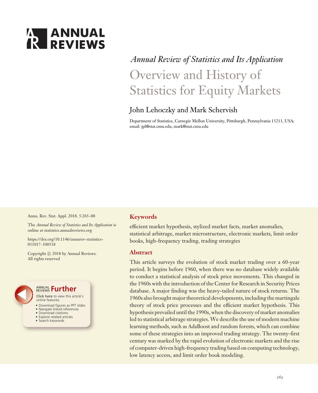 Overview and History of Statistics for Equity Markets by John Lehoczky and Mark Schervish