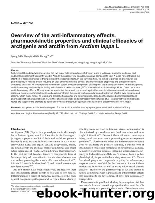 Overview of the anti-inflammatory effects, pharmacokinetic properties and clinical efficacies of arctigenin and arctiin from Arctium lappa L by Qiong Gao & Mengbi Yang & Zhong Zuo