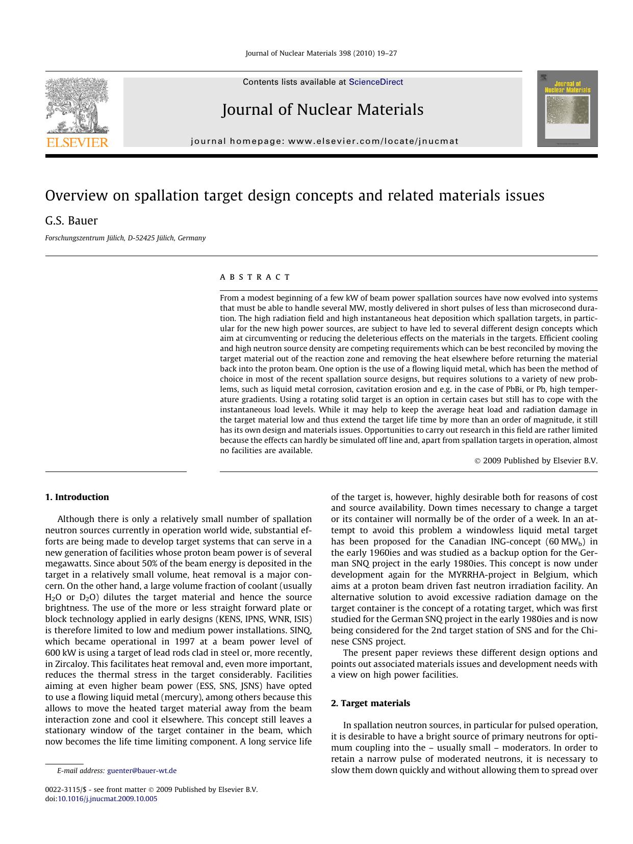 Overview on spallation target design concepts and related materials issues by G.S. Bauer