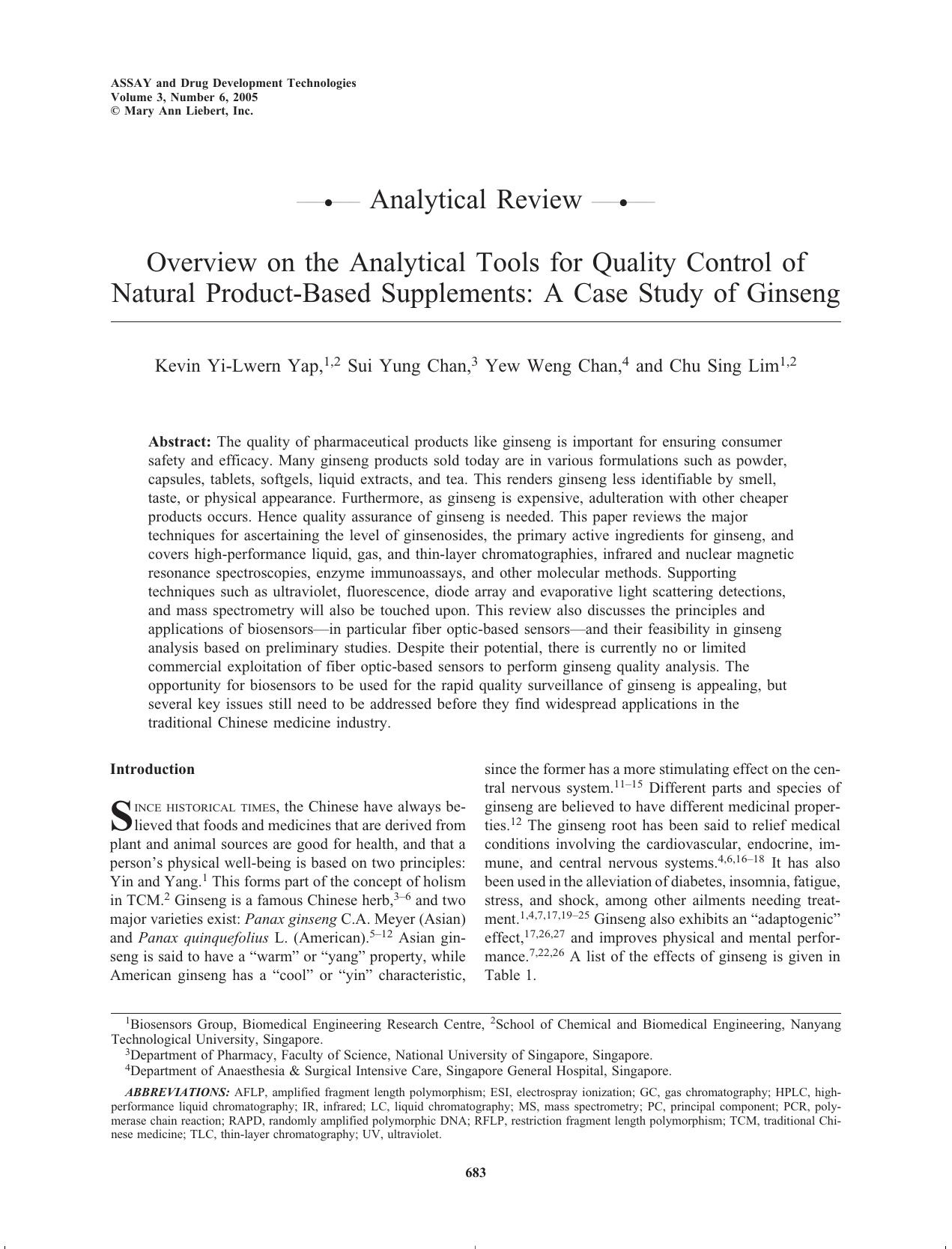 Overview on the Analytical Tools for Quality Control of Natural Product-Based Supplements: A Case Study of Ginseng by Kevin Yi-Lwern Yap Sui Yung Chan Yew Weng Chan Chu Sing Lim Ph.D