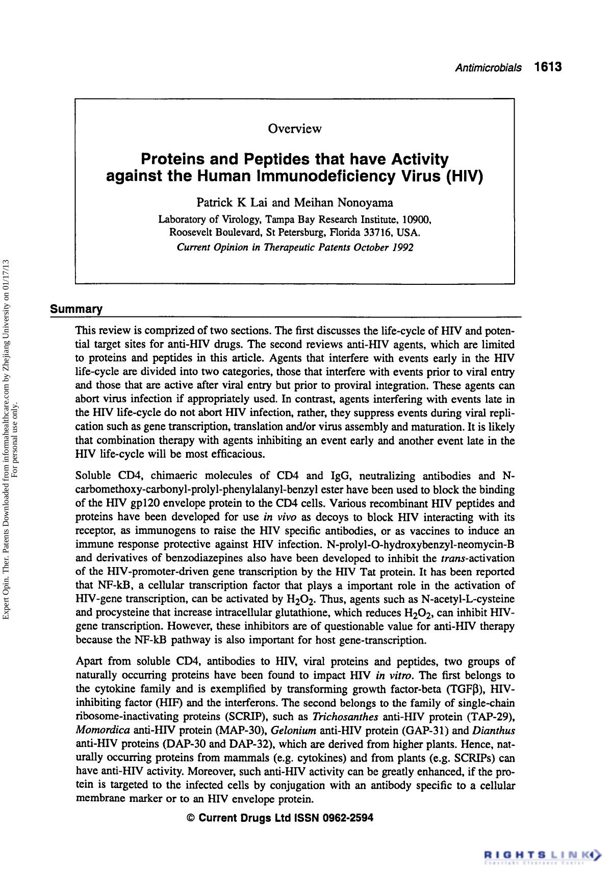 Overview: Proteins and Peptides that have Activity Against the Human Immunodeficiency Virus (HIV) by Patrick K Lai & Meihan Nonoyama