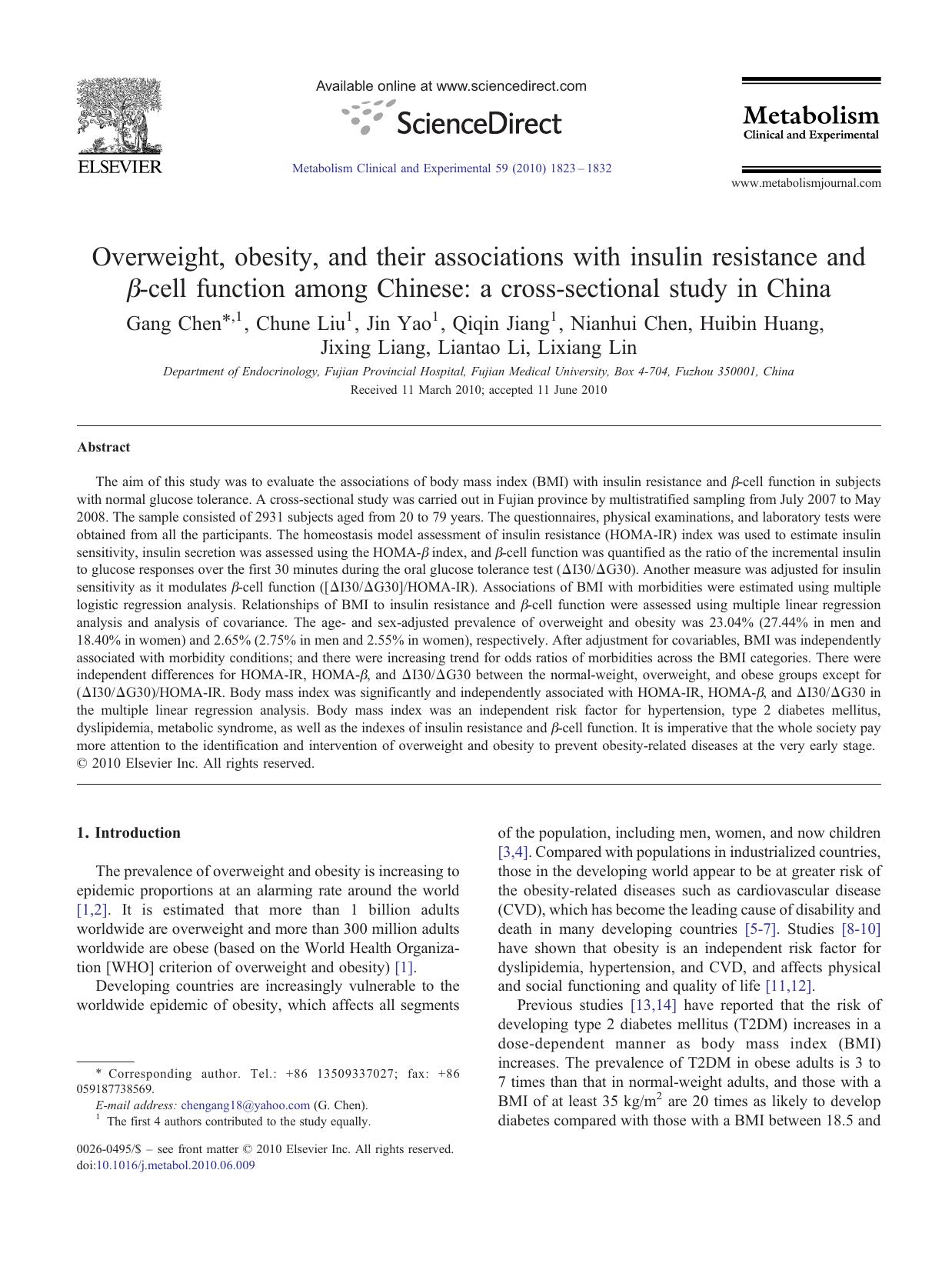 Overweight, obesity, and their associations with insulin resistance and Î²-cell function among Chinese: a cross-sectional study in China by Gang Chen
