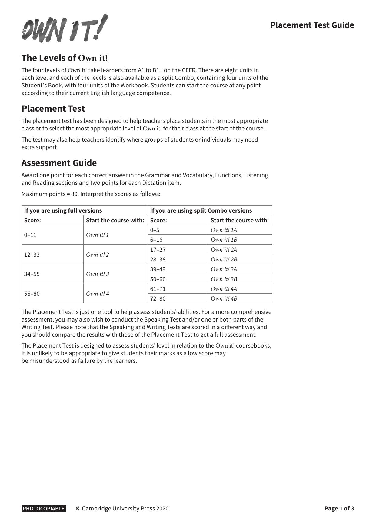 Ownit Placement Test Guide by Unknown