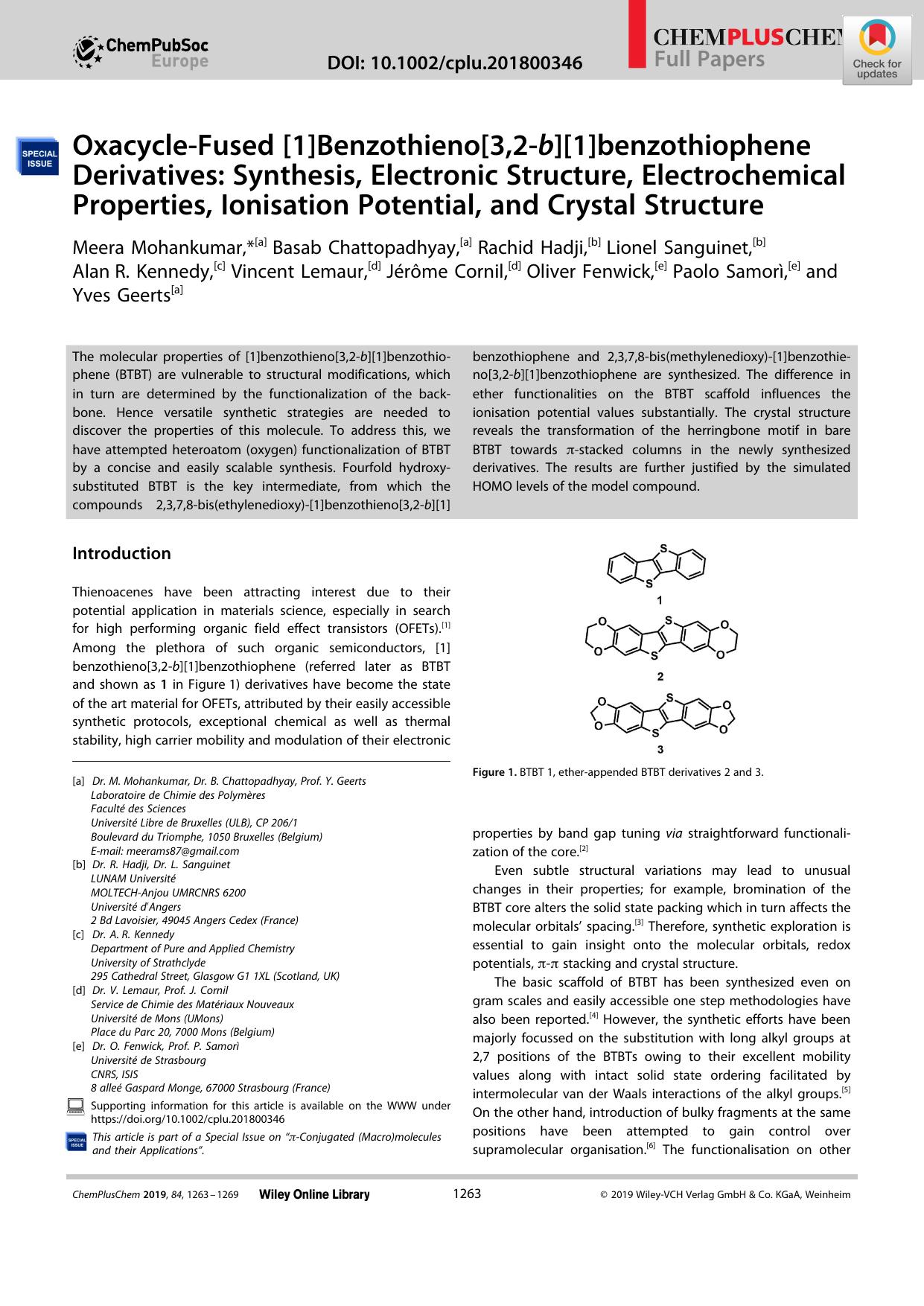 OxacycleâFused [1]Benzothieno[3,2âb][1]benzothiophene Derivatives: Synthesis, Electronic Structure, Electrochemical Properties, Ionisation Potential, and Crystal Structure by Unknown