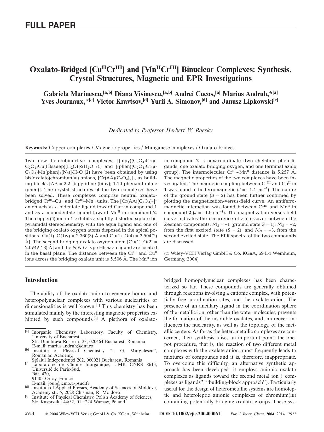 Oxalato-Bridged [CuIICrIII] and [MnIICrIII] Binuclear Complexes: Synthesis, Crystal Structures, Magnetic and EPR Investigations by Unknown
