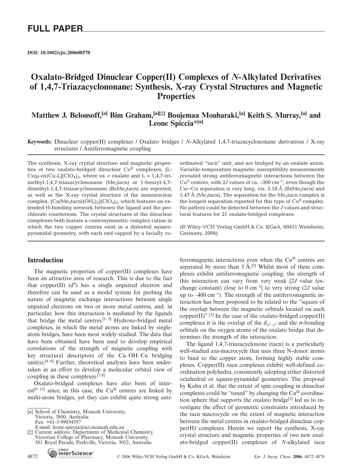 Oxalato-Bridged Dinuclear Copper(II) Complexes of N-Alkylated Derivatives of 1,4,7-Triazacyclononane: Synthesis, X-ray Crystal Structures and Magnetic Properties by Unknown