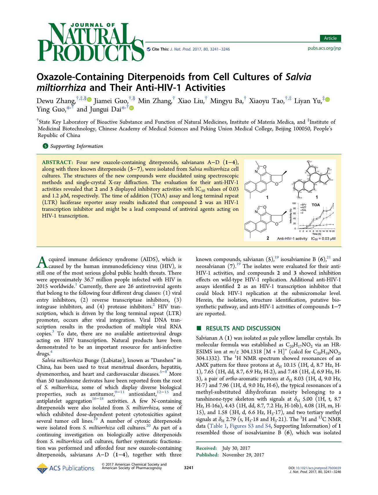 Oxazole-Containing Diterpenoids from Cell Cultures of Salvia miltiorrhiza and Their Anti-HIV-1 Activities by Dewu Zhang Jiamei Guo Min Zhang Xiao Liu Mingyu Ba Xiaoyu Tao Liyan Yu Ying Guo & Jungui Dai