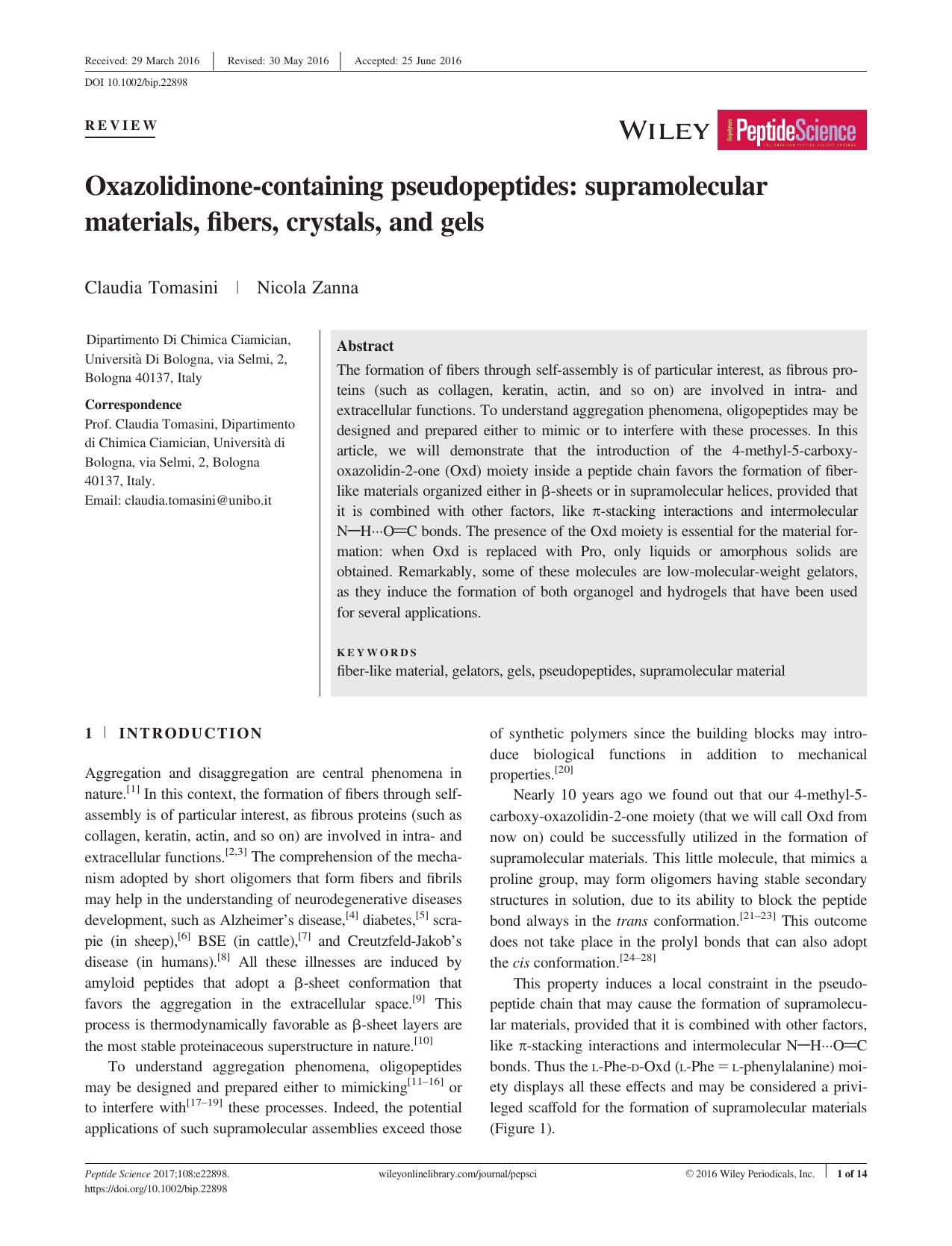 Oxazolidinone‐containing pseudopeptides: supramolecular materials, fibers, crystals, and gels by Unknown
