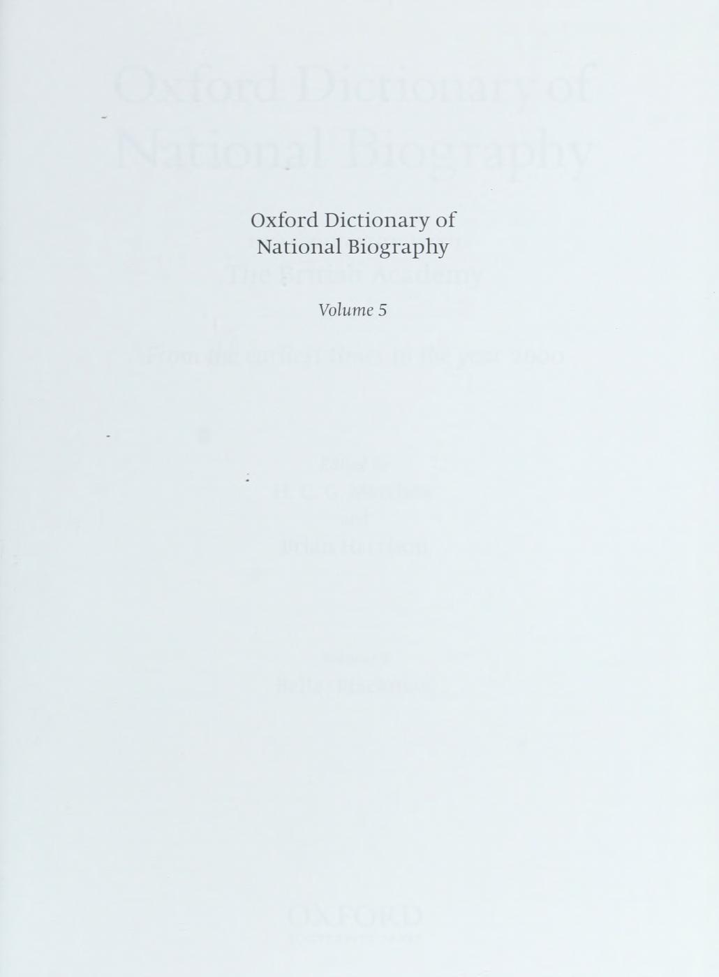 Oxford Dictionary of National Biography - volume 5 BelleâBlackman by Brian Harrison & H. C. G. Matthew