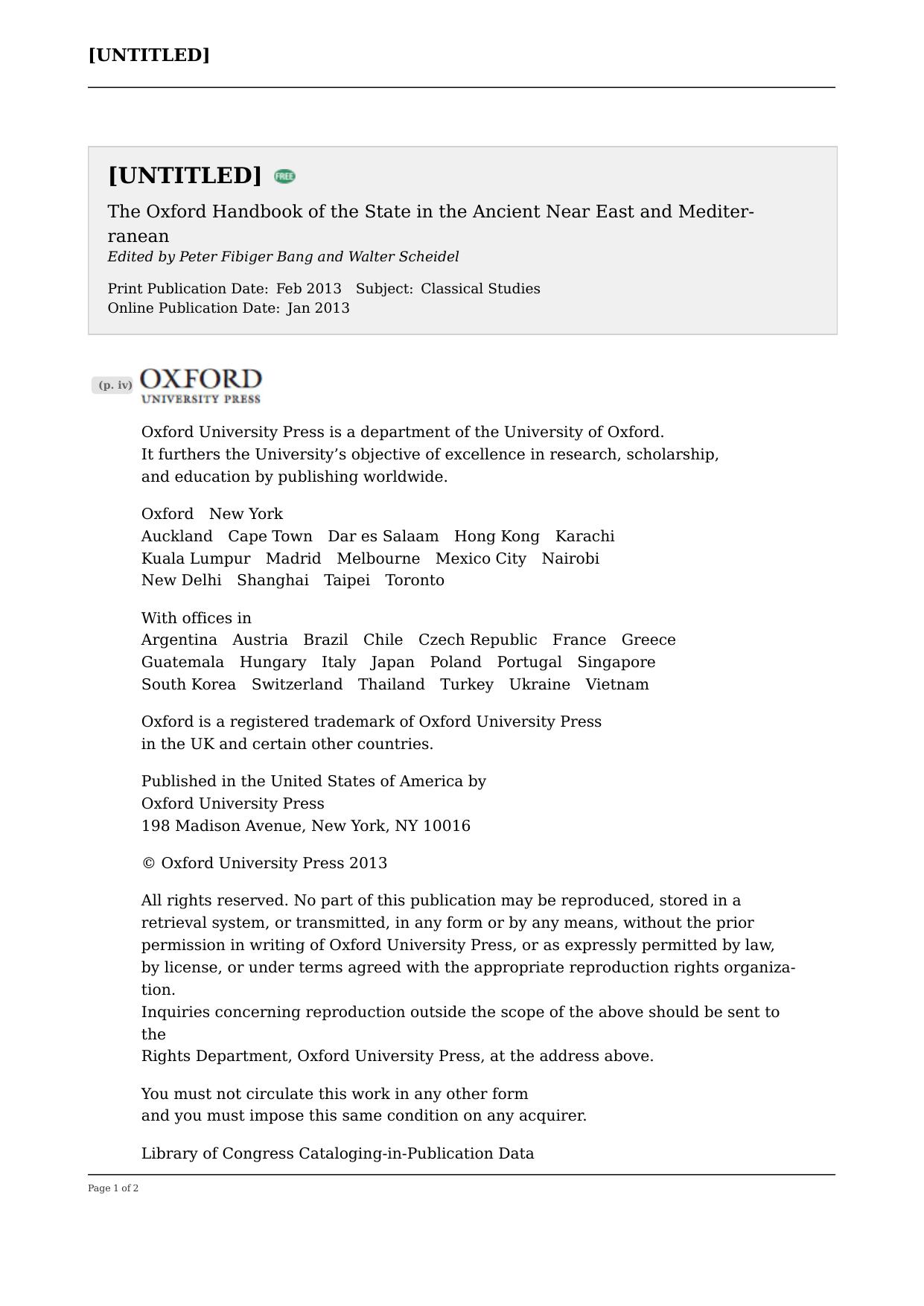 Oxford Handbook of the State in the Ancient Near East and Mediterranean by Peter Fibiger Bang; Walter Scheidel
