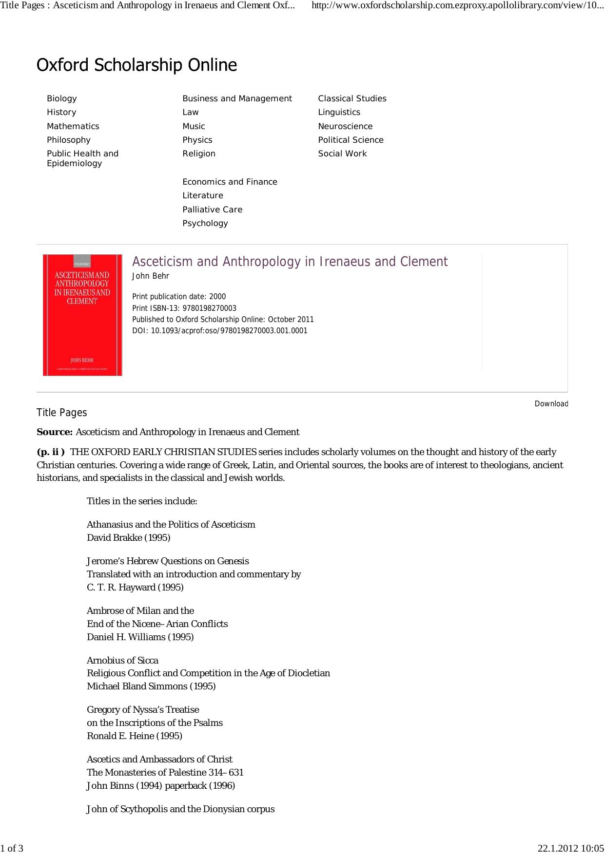 Oxford University Press Asceticism and Anthropology in Irenaeus and Clement (2000) by Aca