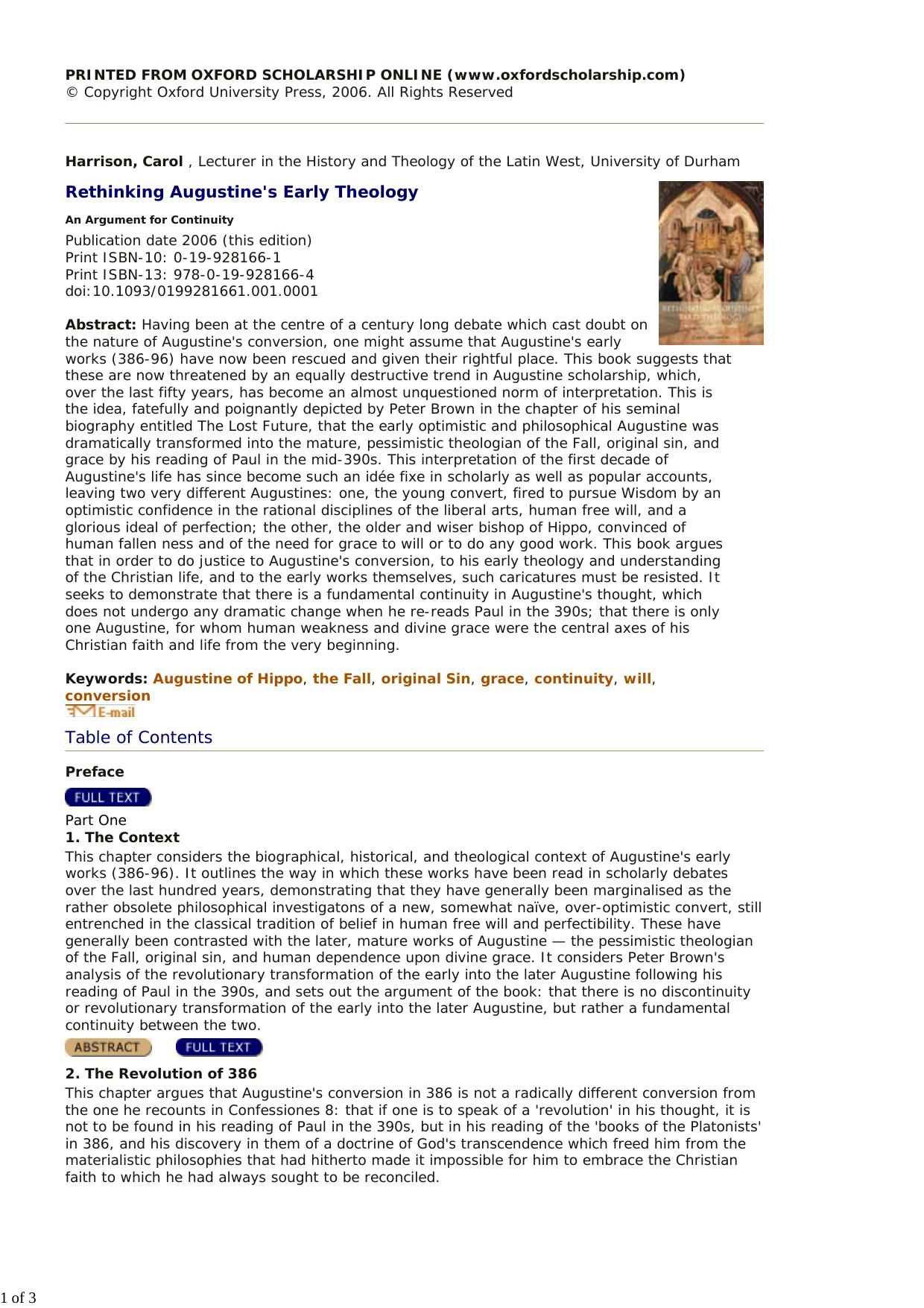 Oxford University Press Rethinking Augustine's Early Theology, An Argument for Continuity (2006) by Unknown