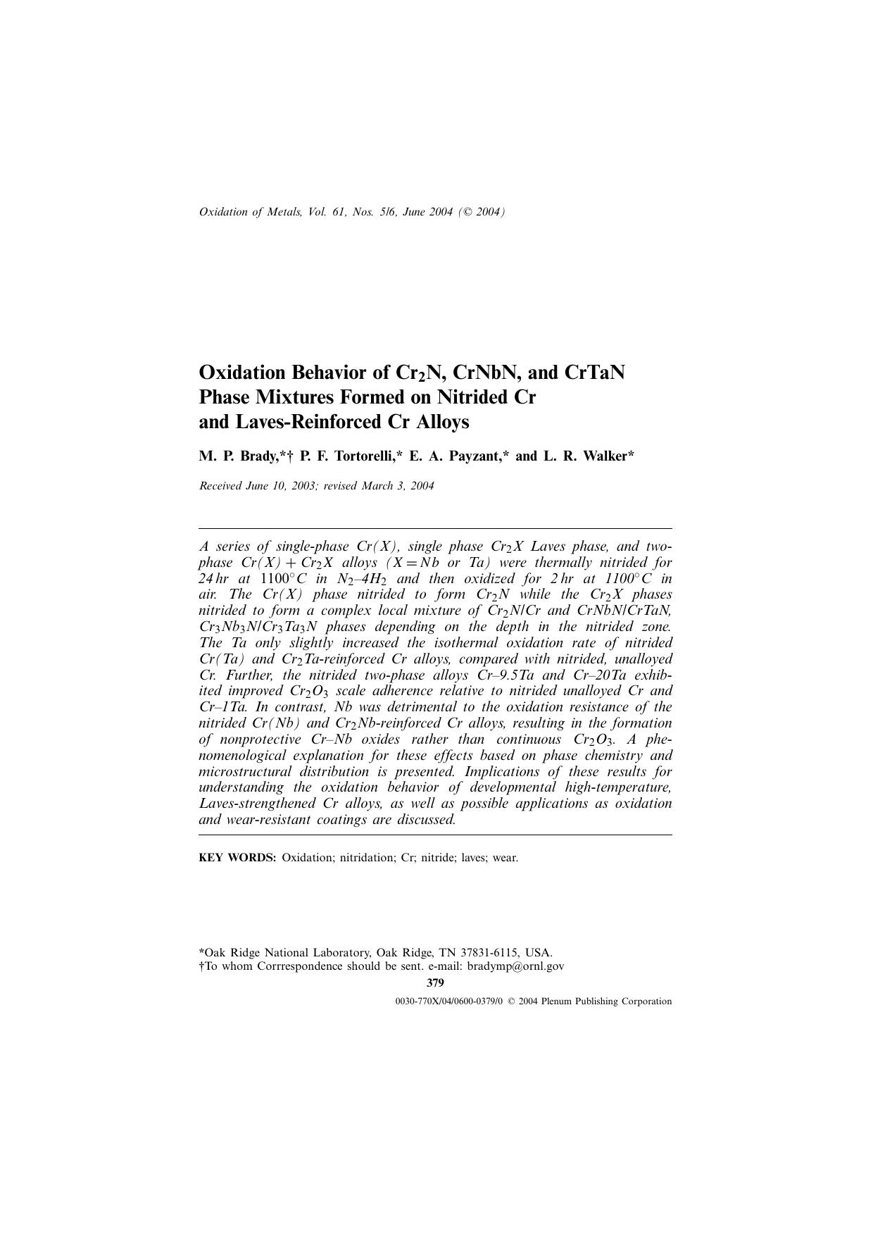 Oxidation Behavior of Cr<Subscript>2<Subscript>N, CrNbN, and CrTaN Phase Mixtures Formed on Nitrided Cr and Laves-Reinforced Cr Alloys by Unknown