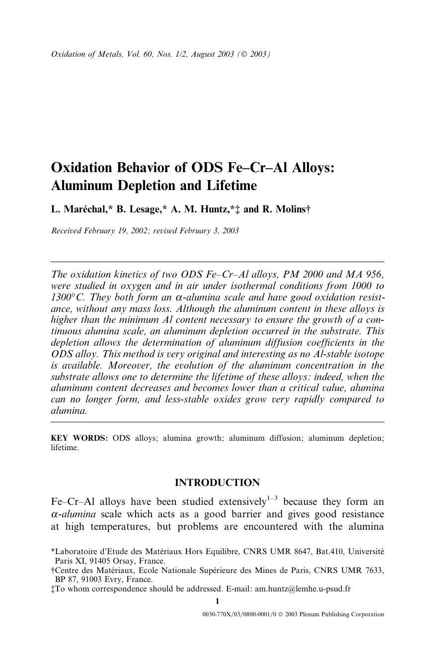 Oxidation Behavior of ODS Fe&#x2013;Cr&#x2013;Al Alloys: Aluminum Depletion and Lifetime by Unknown