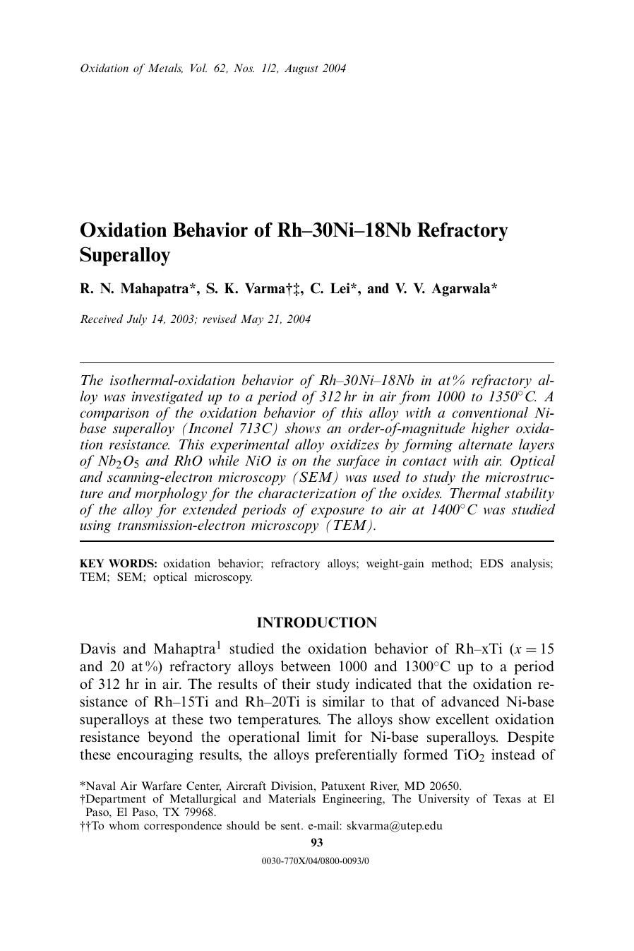 Oxidation Behavior of Rh–30Ni–18Nb Refractory Superalloy by Unknown