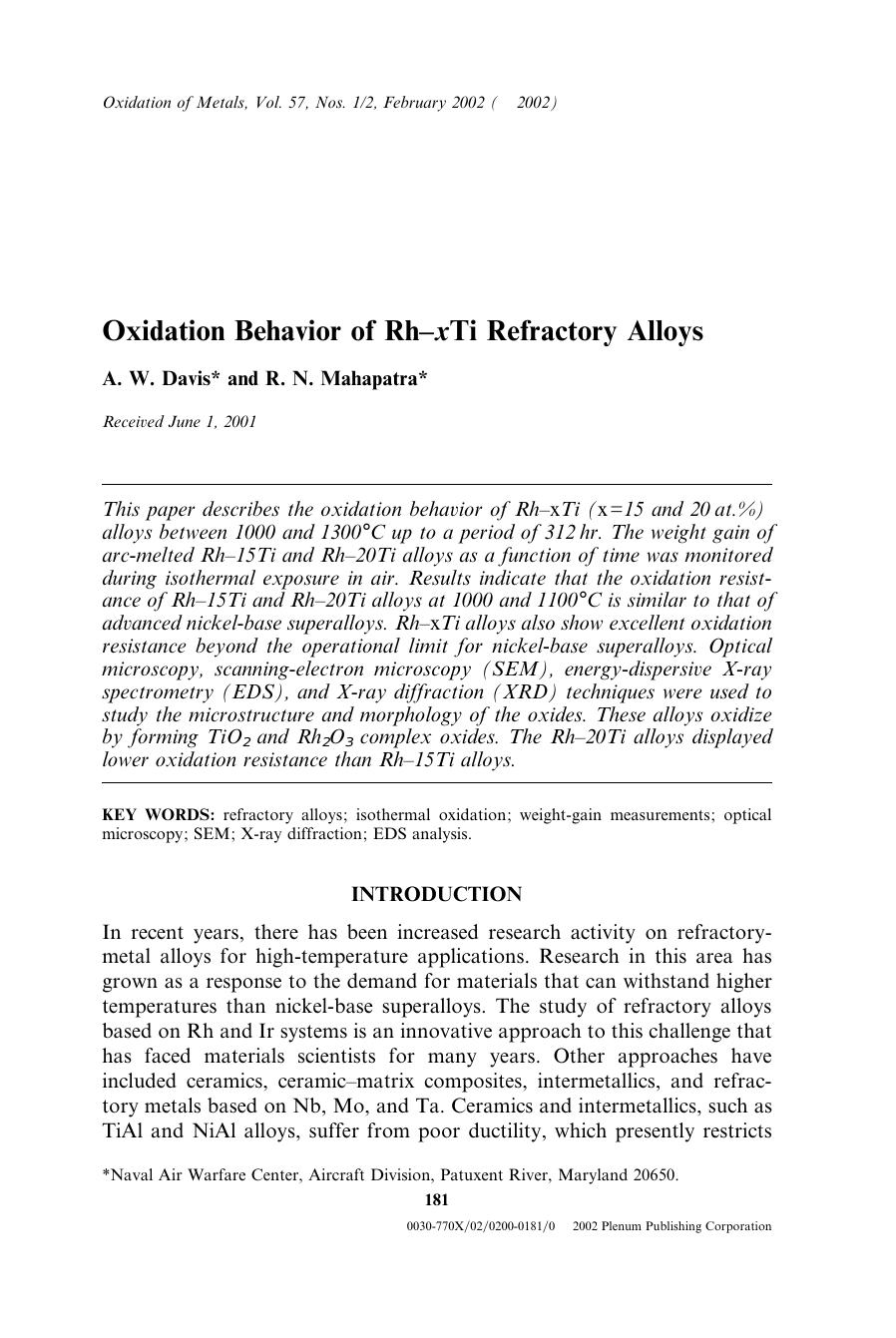 Oxidation Behavior of Rh–xTi Refractory Alloys by Unknown