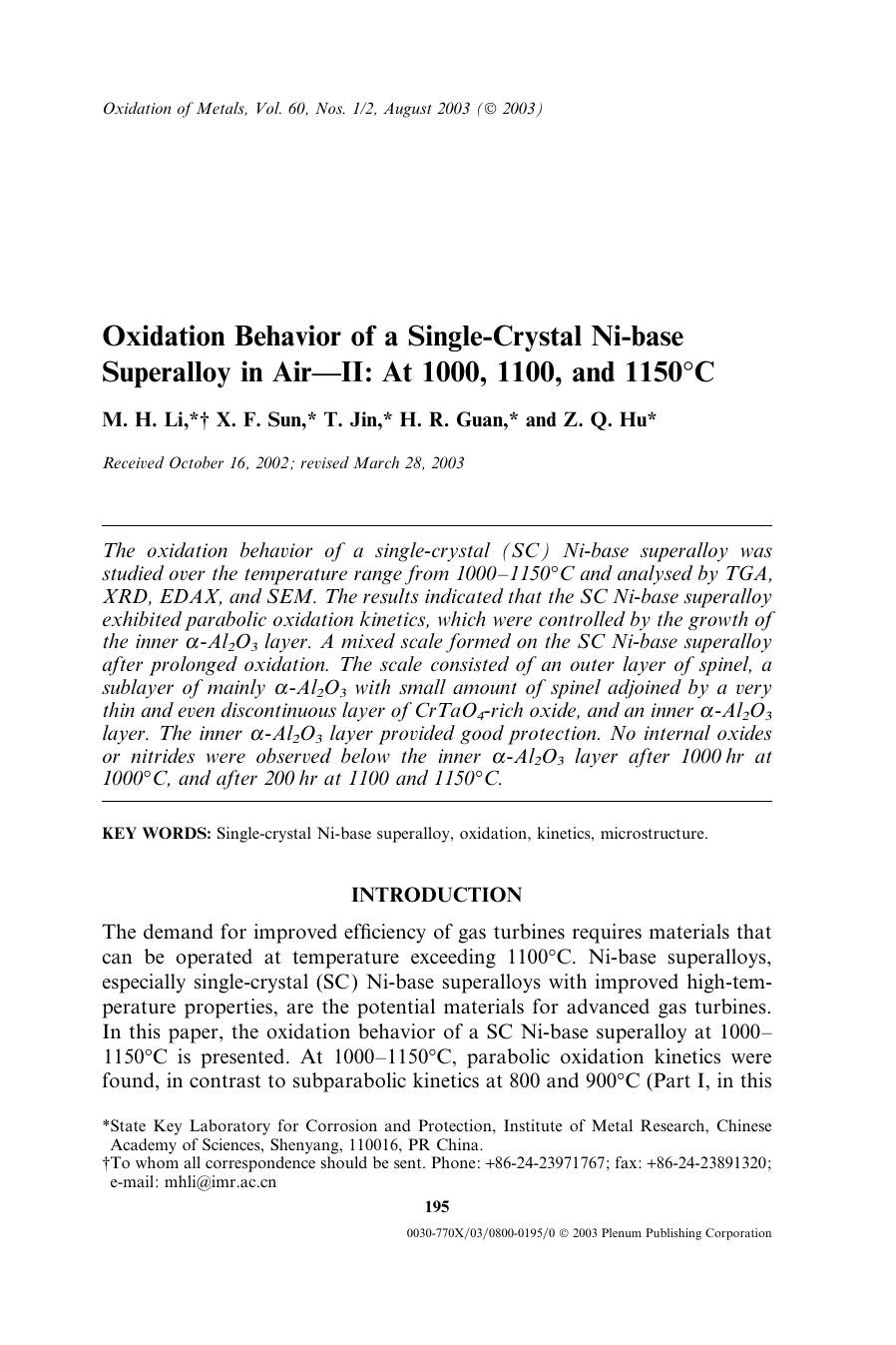 Oxidation Behavior of a Single-Crystal Ni-Base Superalloy in Air—II: At 1000, 1100, and 1150°C by Unknown
