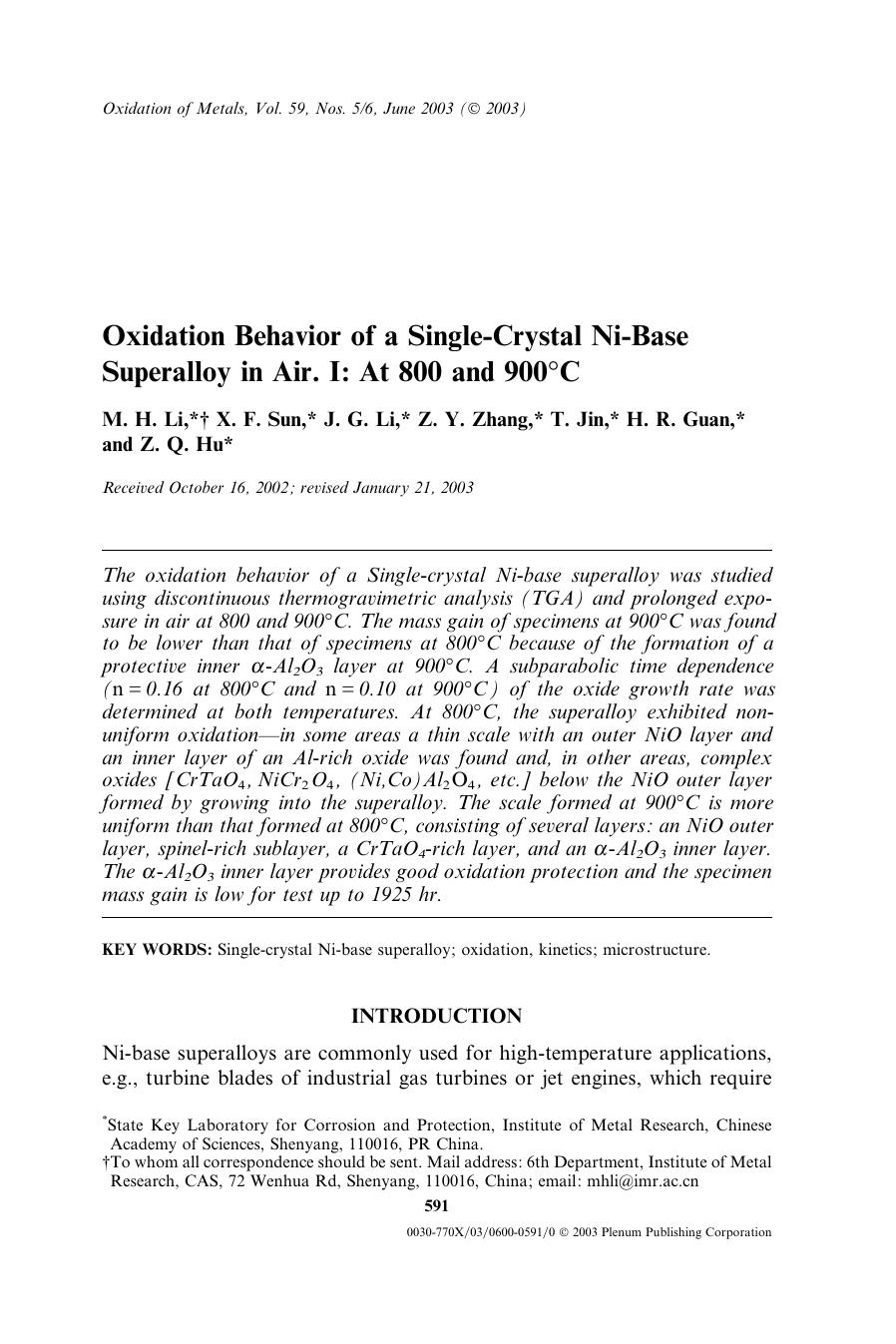Oxidation Behavior of a Single-Crystal Ni-Base Superalloy in Air. I: At 800 and 900°C by Unknown