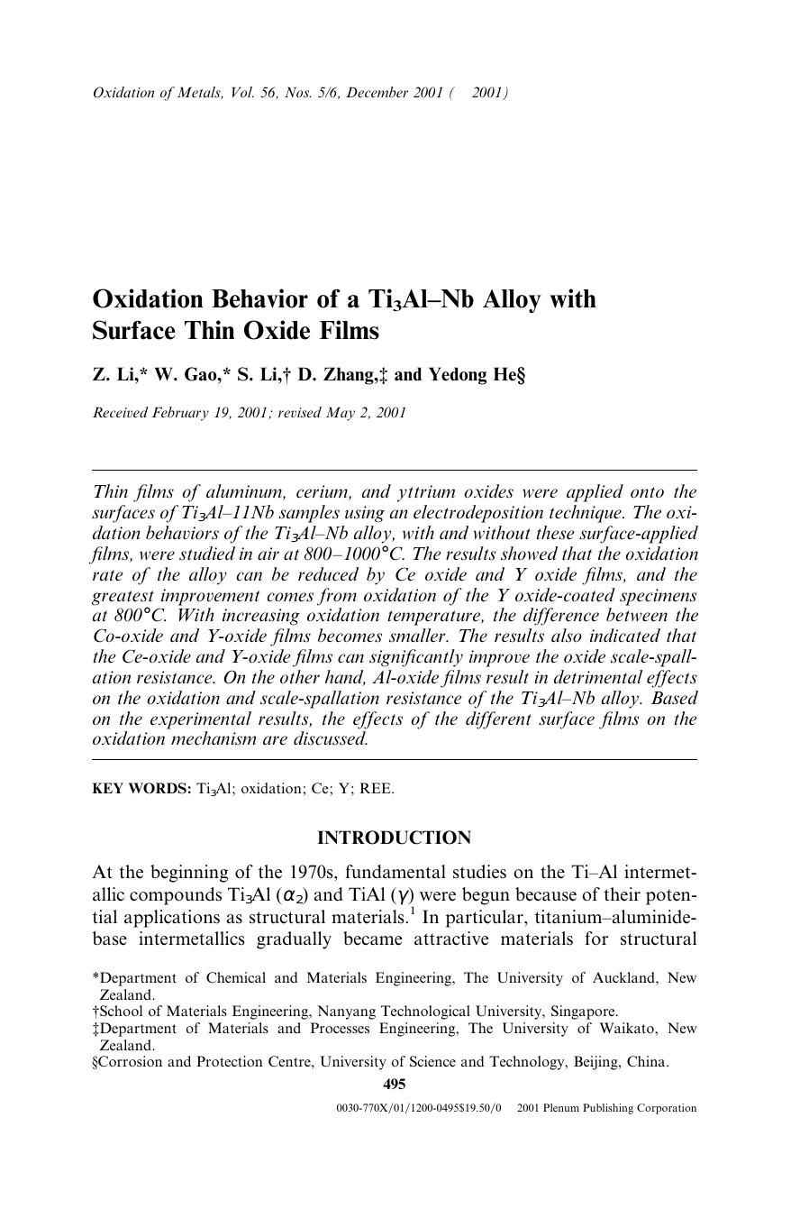 Oxidation Behavior of a Ti3Al&#x2013;Nb Alloy with Surface Thin Oxide Films by Unknown