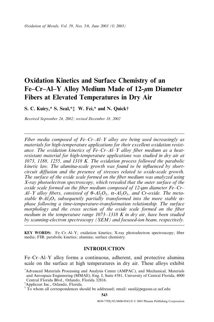 Oxidation Kinetics and Surface Chemistry of an Fe&#x2013;Cr&#x2013;Al&#x2013;Y Alloy Medium Made of 12-<Emphasis Type="Italic">&#x03BC;<Emphasis>m Diameter Fibers at Elevated Temperatures in Dry Air by Unknown
