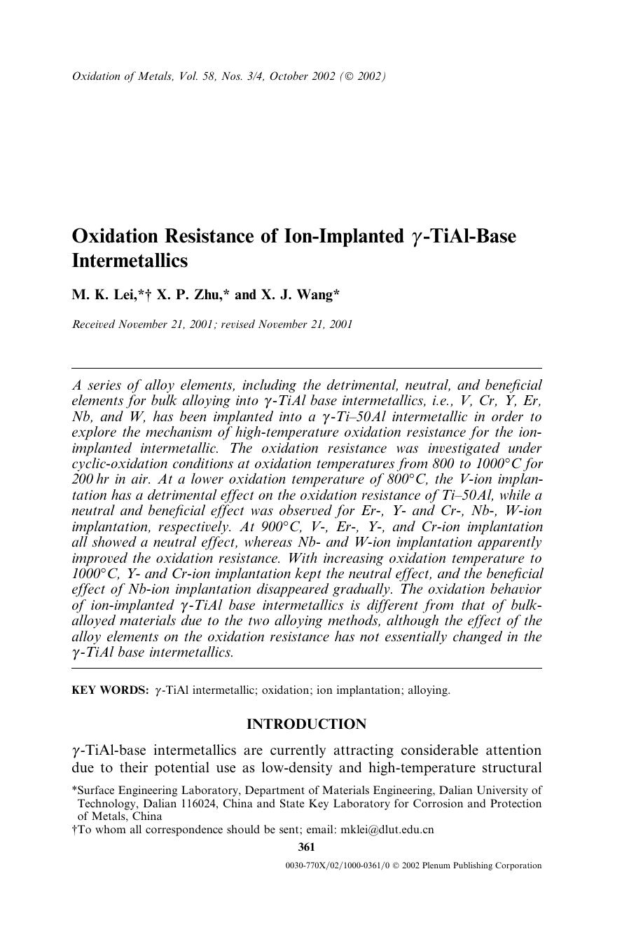 Oxidation Resistance of Ion-Implanted <Emphasis Type="Italic">&#x03B3;<Emphasis>-TiAl-Base Intermetallics by Unknown