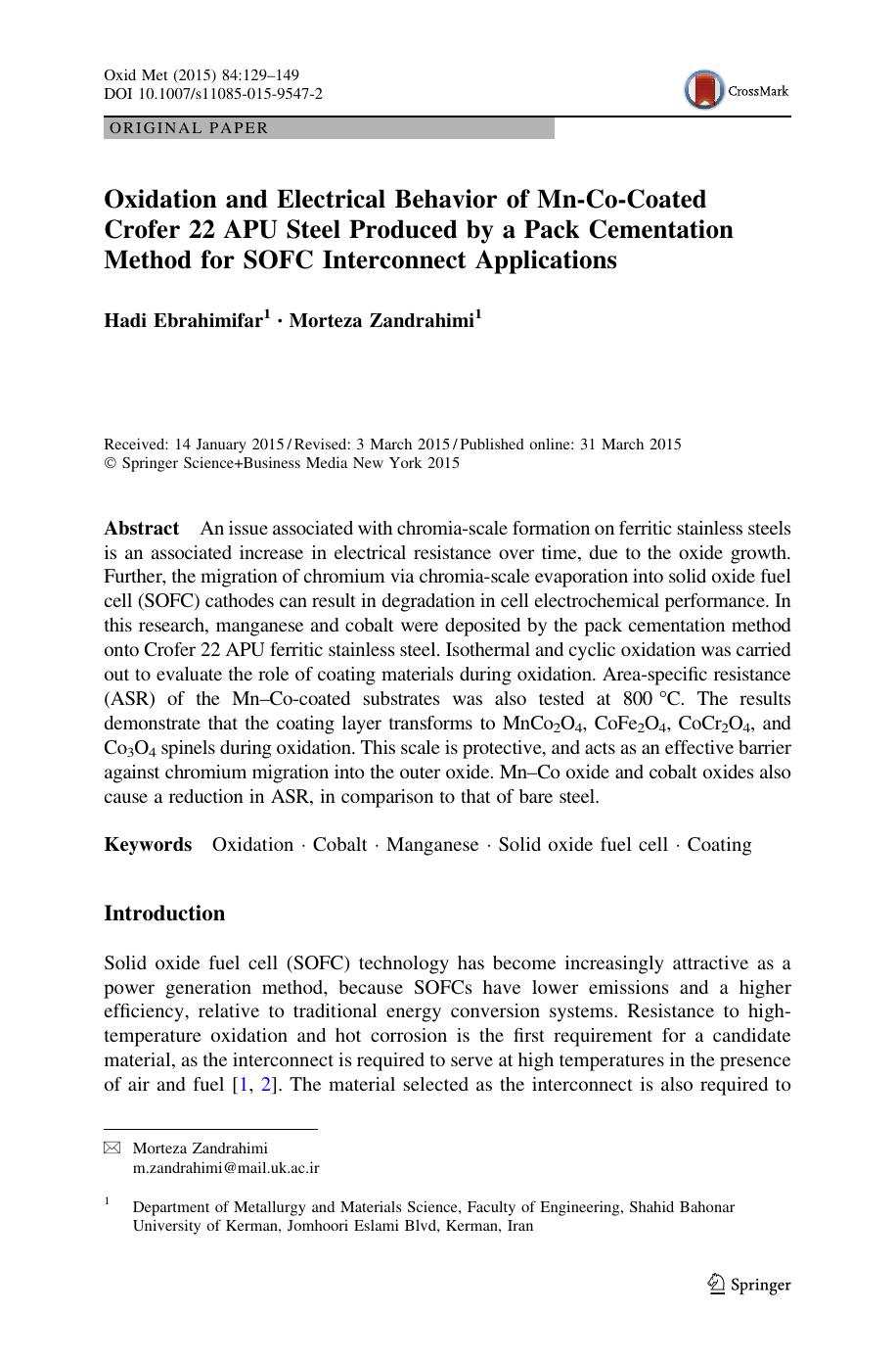 Oxidation and Electrical Behavior of Mn-Co-Coated Crofer 22 APU Steel Produced by a Pack Cementation Method for SOFC Interconnect Applications by Hadi Ebrahimifar & Morteza Zandrahimi
