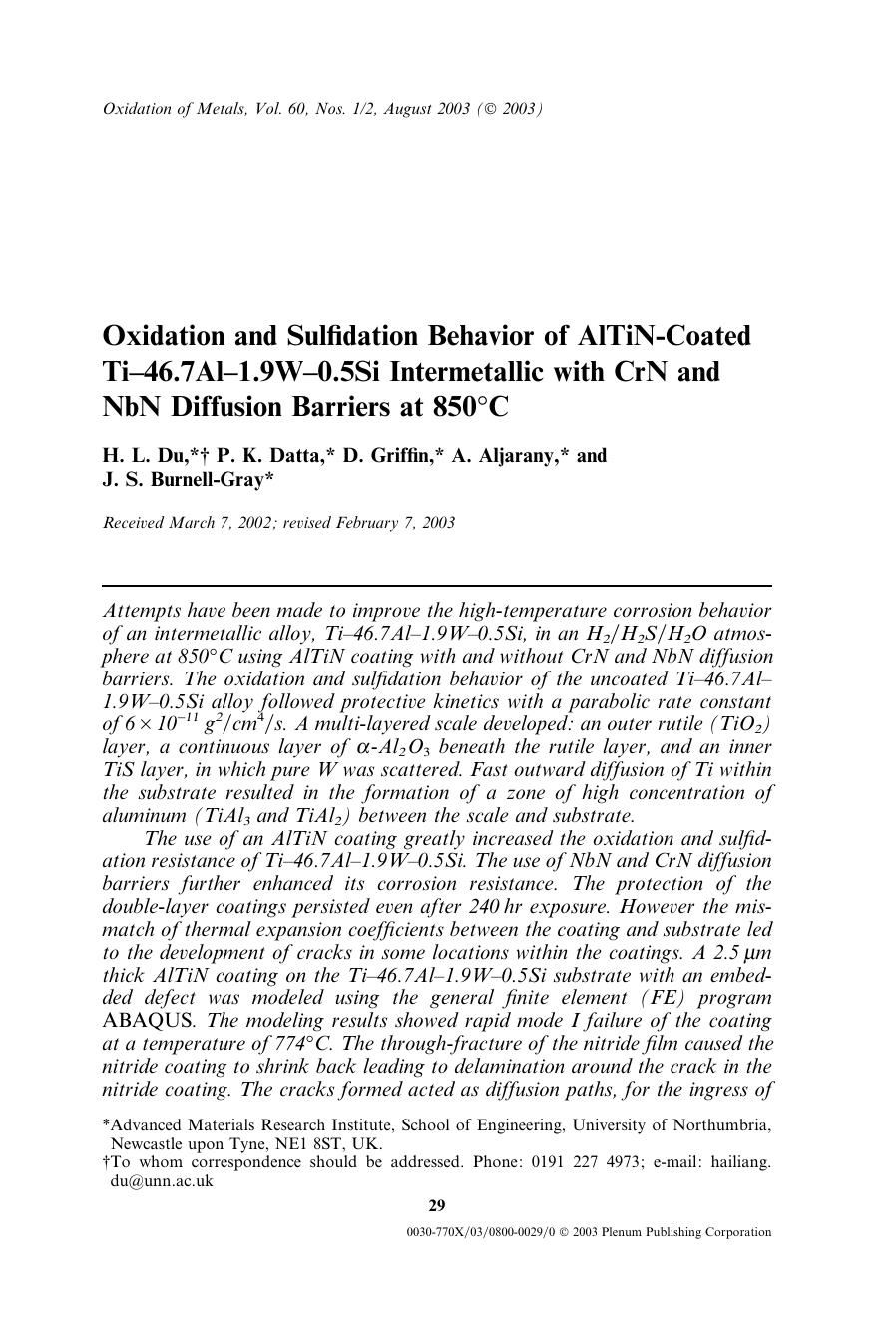 Oxidation and Sulfidation Behavior of AlTiN-Coated Ti&#x2013;46.7Al&#x2013;1.9W&#x2013;0.5Si Intermetallic with CrN and NbN Diffusion Barriers at 850&#x00B0;C by Unknown