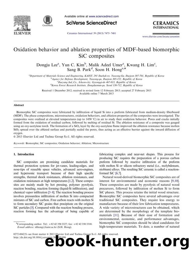 Oxidation behavior and ablation properties of MDF-based biomorphic SiC composites by Dongju Lee & Yun C. Kim & Malik Adeel Umer & Kwang H. Lim & Sang B. Park & Soon H. Hong