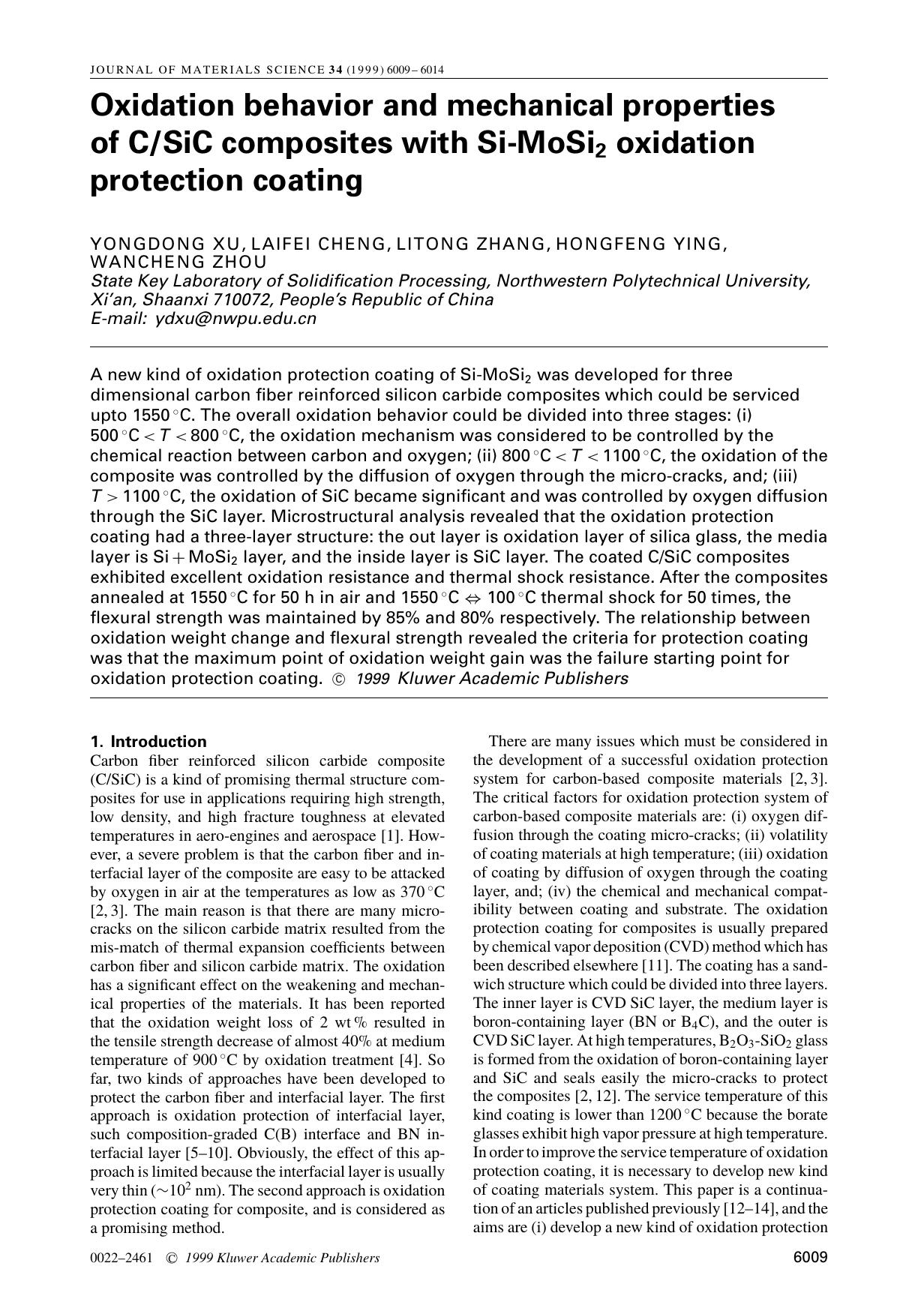 Oxidation behavior and mechanical properties of CSiC composites with Si-MoSi2 oxidation protection coating by Unknown