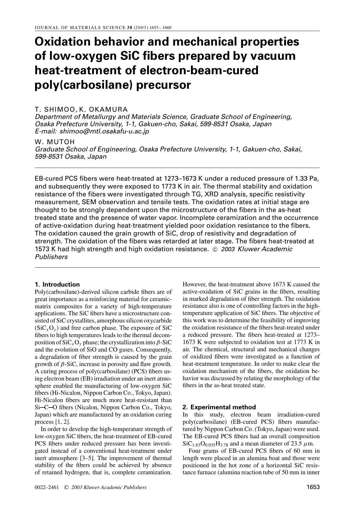 Oxidation behavior and mechanical properties of low-oxygen SiC fibers prepared by vacuum heat-treatment of electron-beam-cured poly(carbosilane) precursor by Unknown