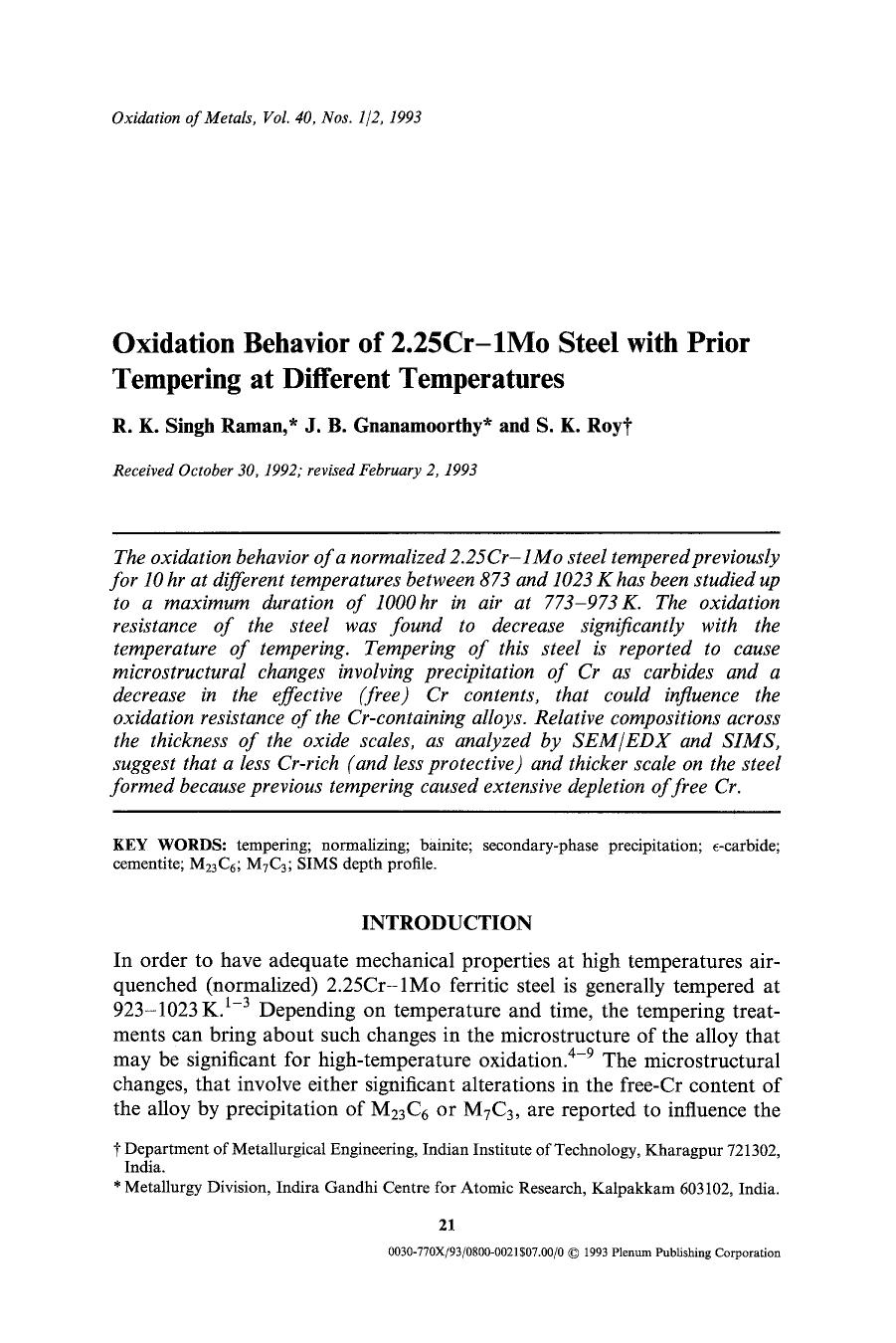 Oxidation behavior of 2.25Cr-1Mo steel with prior tempering at different temperatures by Unknown
