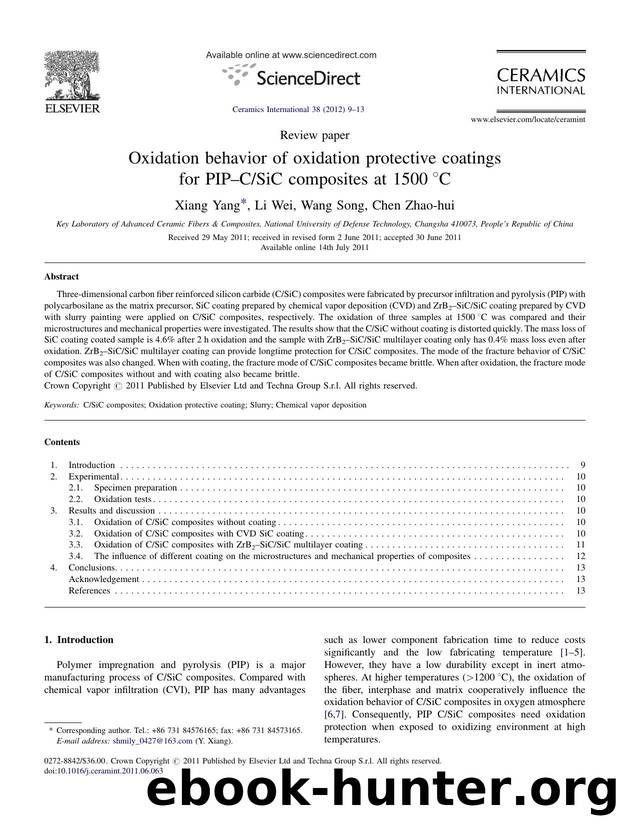 Oxidation behavior of oxidation protective coatings for PIPâCSiC composites at 1500Â°C by Xiang Yang