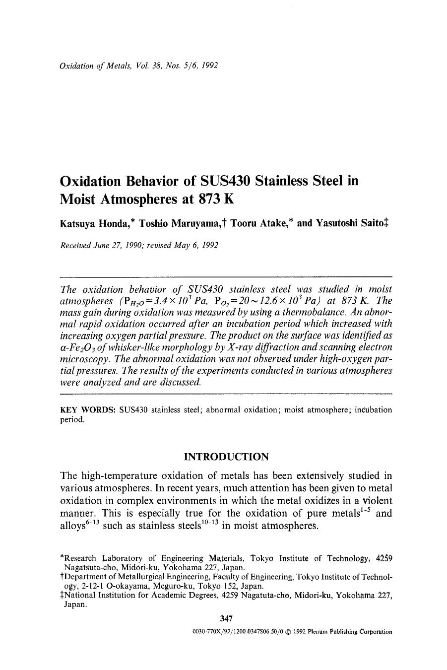 Oxidation behavior of sus430 stainless steel in moist atmospheres at 873 k by Unknown