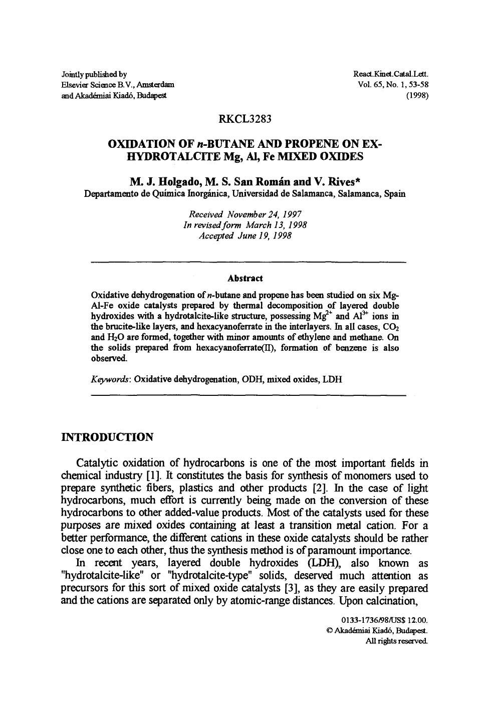 Oxidation of <Emphasis Type="Italic">n <Emphasis>-butane and propene on exhydrotalcite Mg, Al, Fe mixed oxides by Unknown