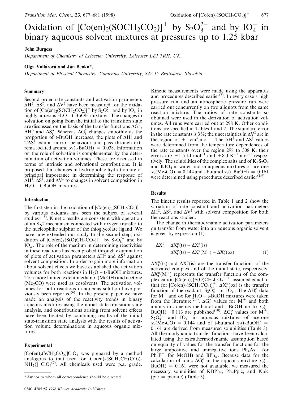 Oxidation of [Co(en)2(SOCH2CO2)]+ by S2O82− and by IO4− in binary aqueous solvent mixtures at pressures up to 1.25 kbar by Unknown