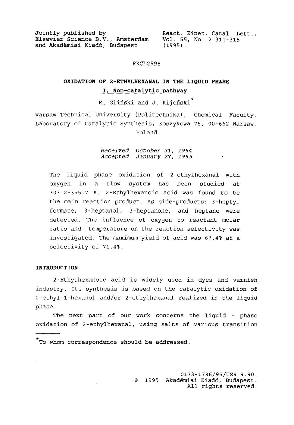 Oxidation of 2-ethylhexanal in the liquid phase by Unknown