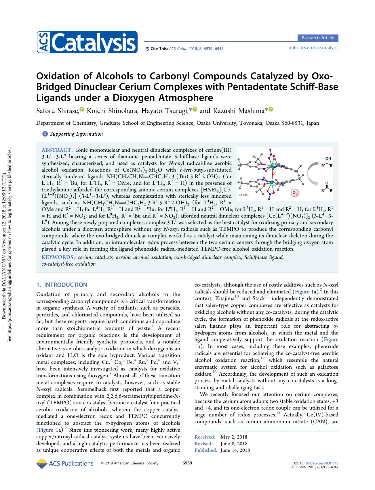 Oxidation of Alcohols to Carbonyl Compounds Catalyzed by Oxo-Bridged Dinuclear Cerium Complexes with Pentadentate Schiff-Base Ligands under a Dioxygen Atmosphere by Satoru Shirase & Koichi Shinohara & Hayato Tsurugi & Kazushi Mashima