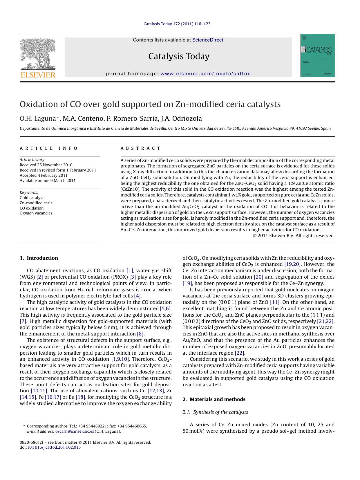Oxidation of CO over gold supported on Zn-modified ceria catalysts by O.H. Laguna