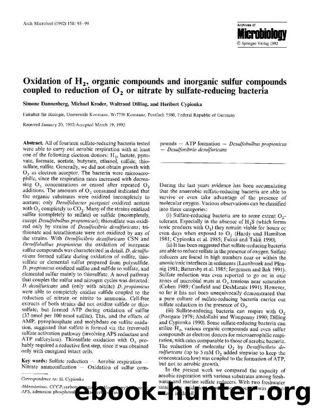 Oxidation of H<Subscript>2<Subscript>, organic compounds and inorganic sulfur compounds coupled to reduction of O<Subscript>2<Subscript> or nitrate by sulfate-reducing bacteria by Unknown