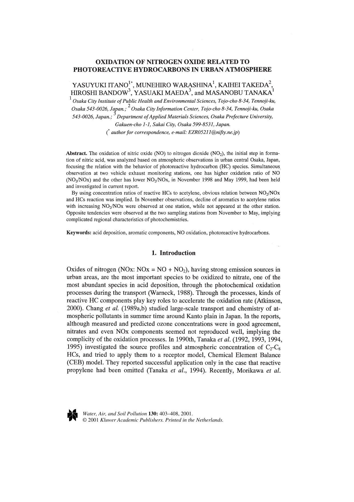Oxidation of Nitrogen Oxide Related to Photoreactive Hydrocarbons in Urban Atmosphere by Unknown