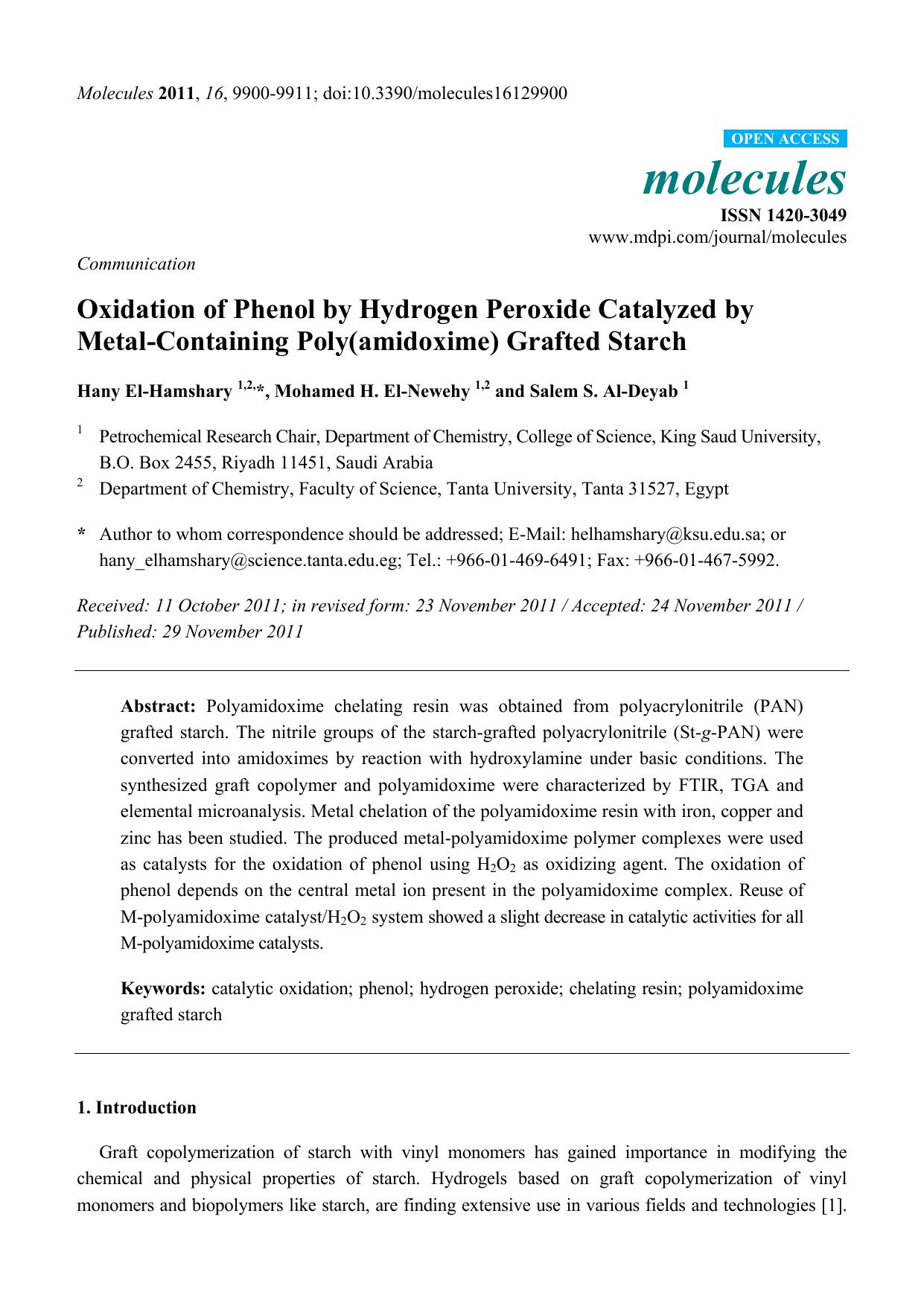 Oxidation of Phenol by Hydrogen Peroxide Catalyzed by Metal-Containing Poly(amidoxime) Grafted Starch by Hany El-Hamshary & Mohamed H. El-Newehy and Salem S. Al-Deyab