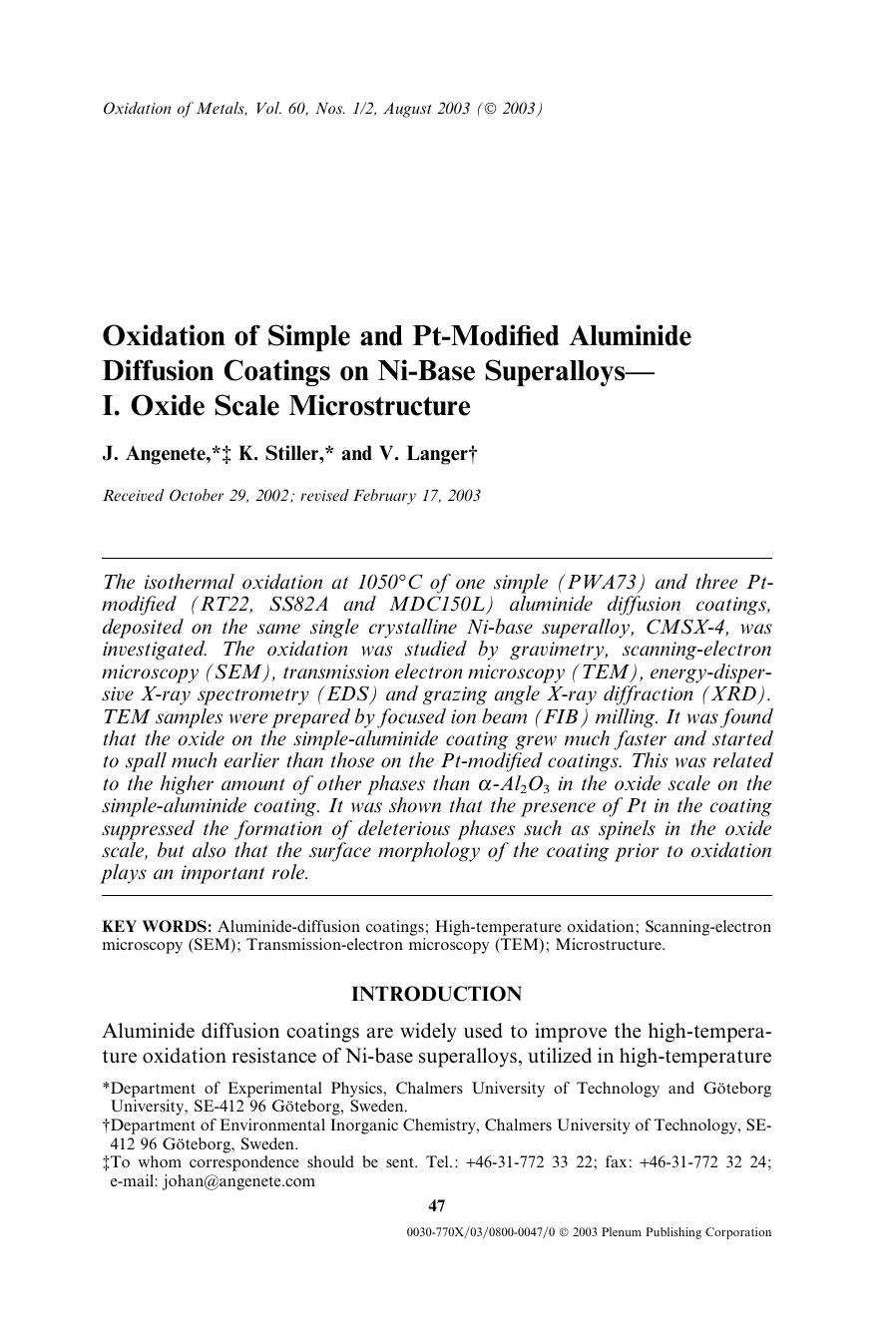 Oxidation of Simple and Pt-Modified Aluminide Diffusion Coatings on Ni-Base Superalloys&#x2014;I. Oxide Scale Microstructure by Unknown