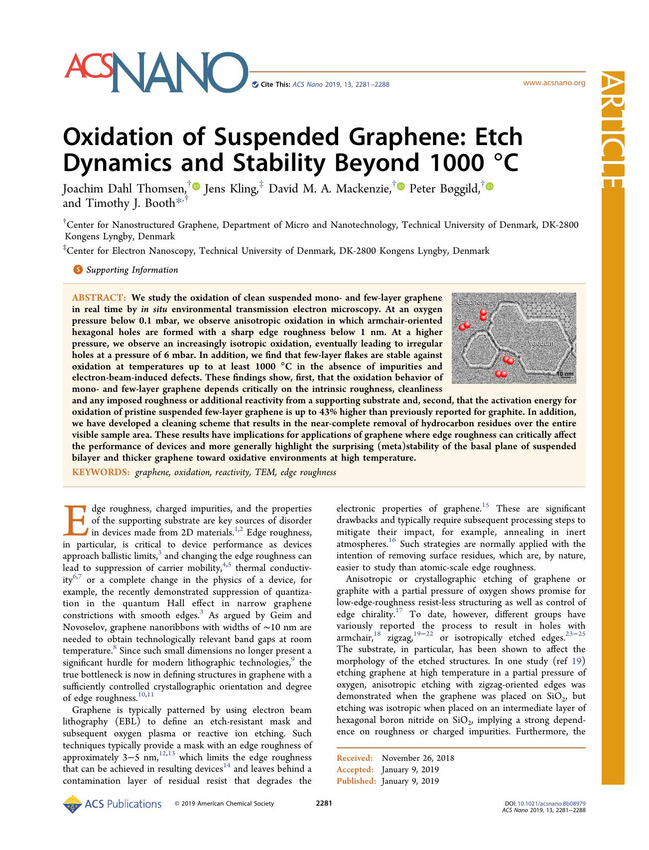 Oxidation of Suspended Graphene: Etch Dynamics and Stability Beyond 1000 Â°C by Joachim Dahl Thomsen Jens Kling David M. A. Mackenzie Peter Bøggild and Timothy J. Booth