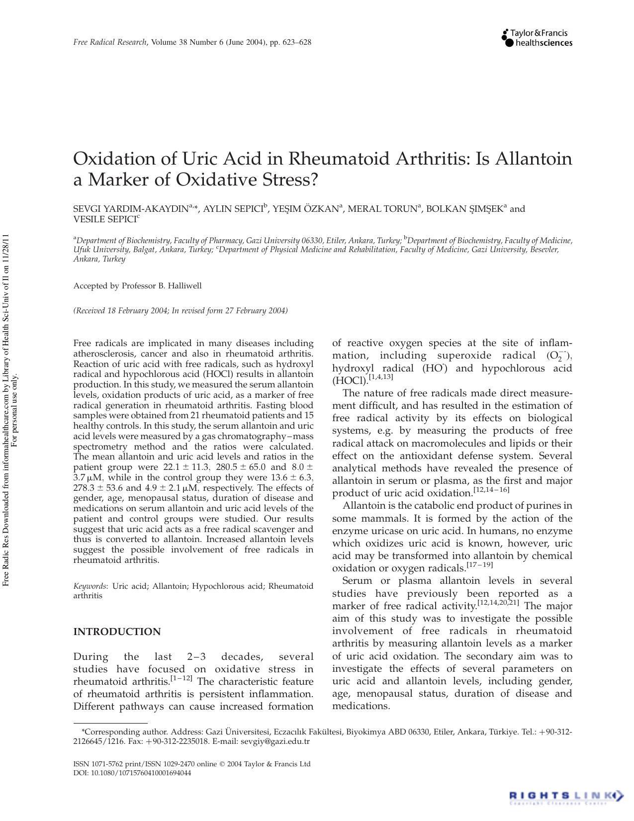 Oxidation of Uric Acid in Rheumatoid Arthritis: Is Allantoin a Marker of Oxidative Stress? by unknow
